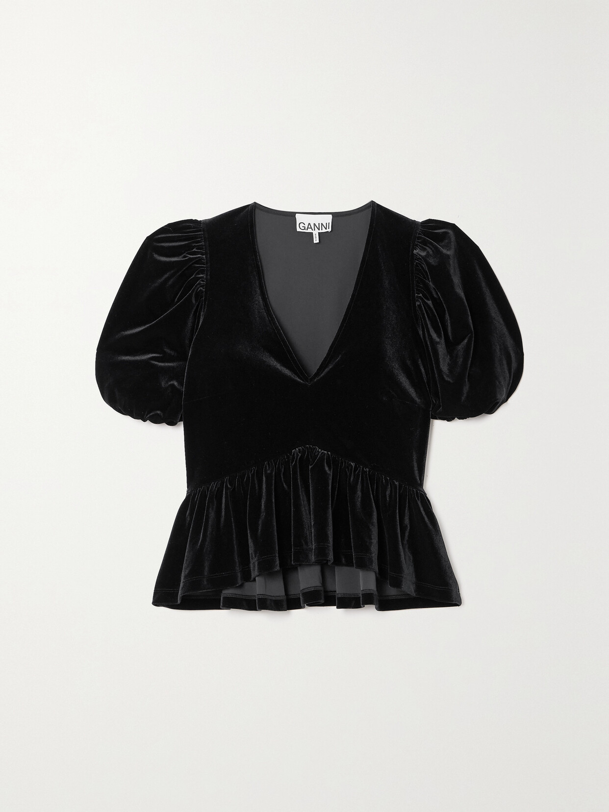 Ganni Stretch Recycled-velvet Peplum Top In Black