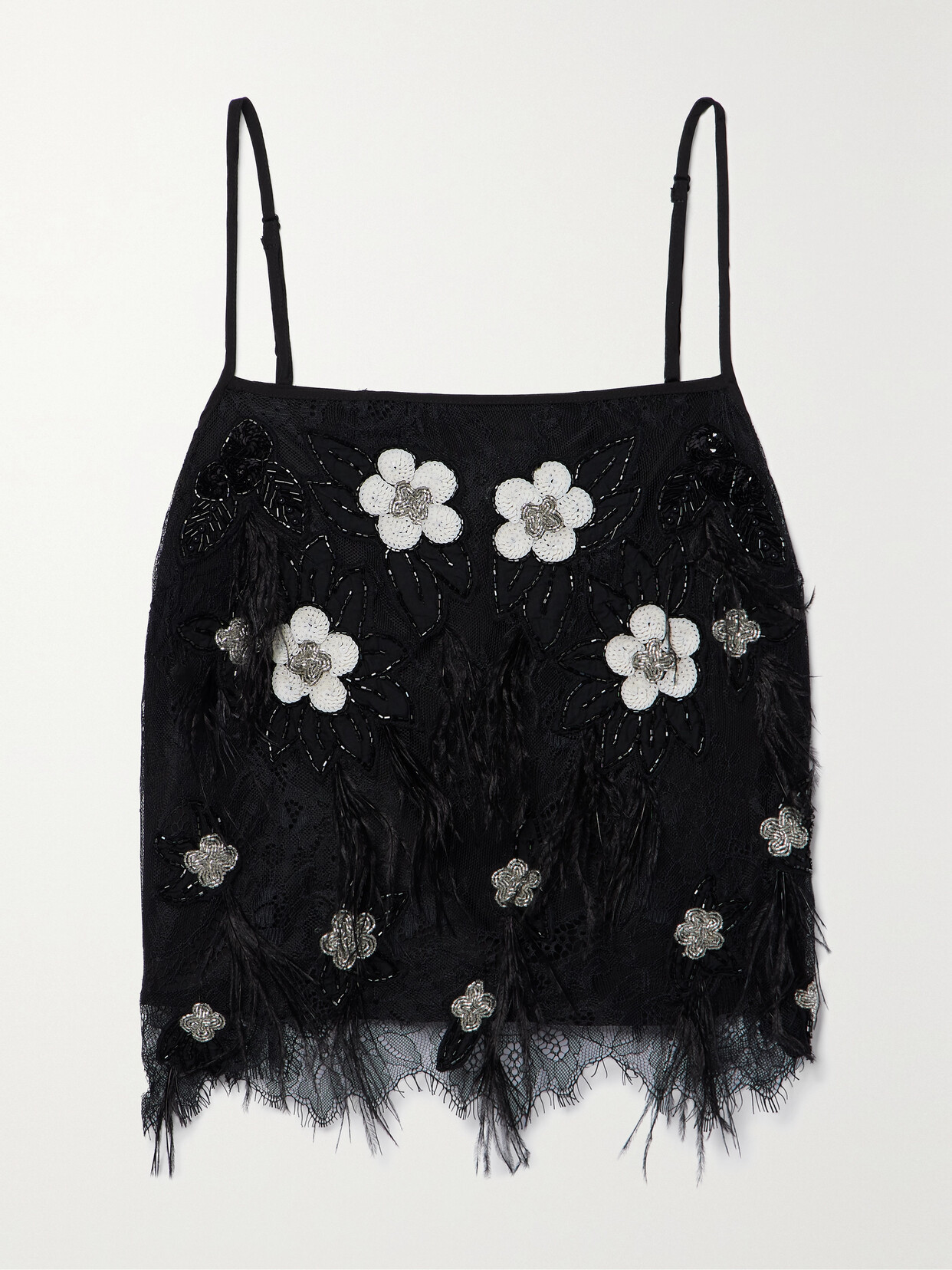 Sea - Bethany Feather-trimmed Embellished Lace Tank - Black