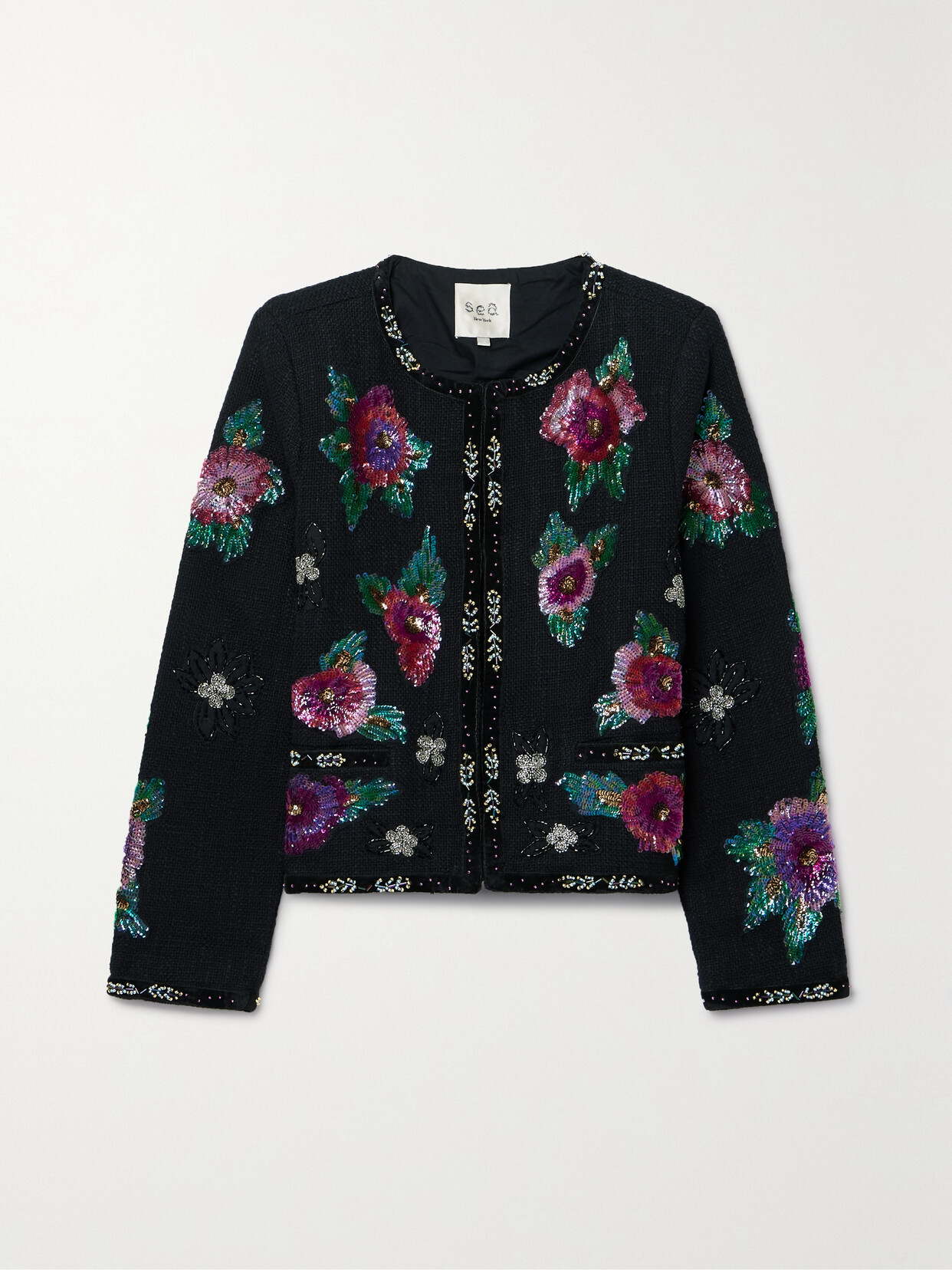 Shop Sea Bethany Velvet-trimmed Embellished Cotton-tweed Jacket In Multi