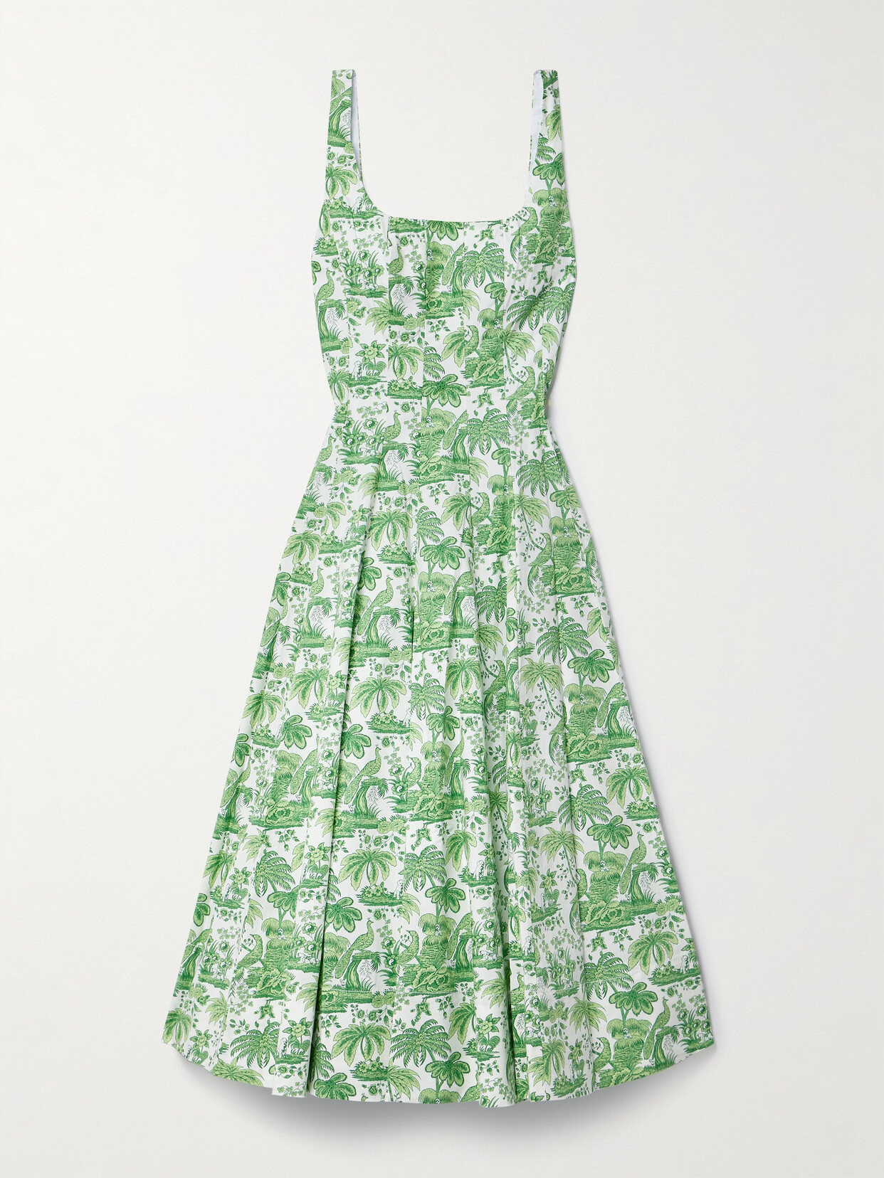 STAUD Wells Pleated Printed Cotton-blend Poplin Midi Dress - Green