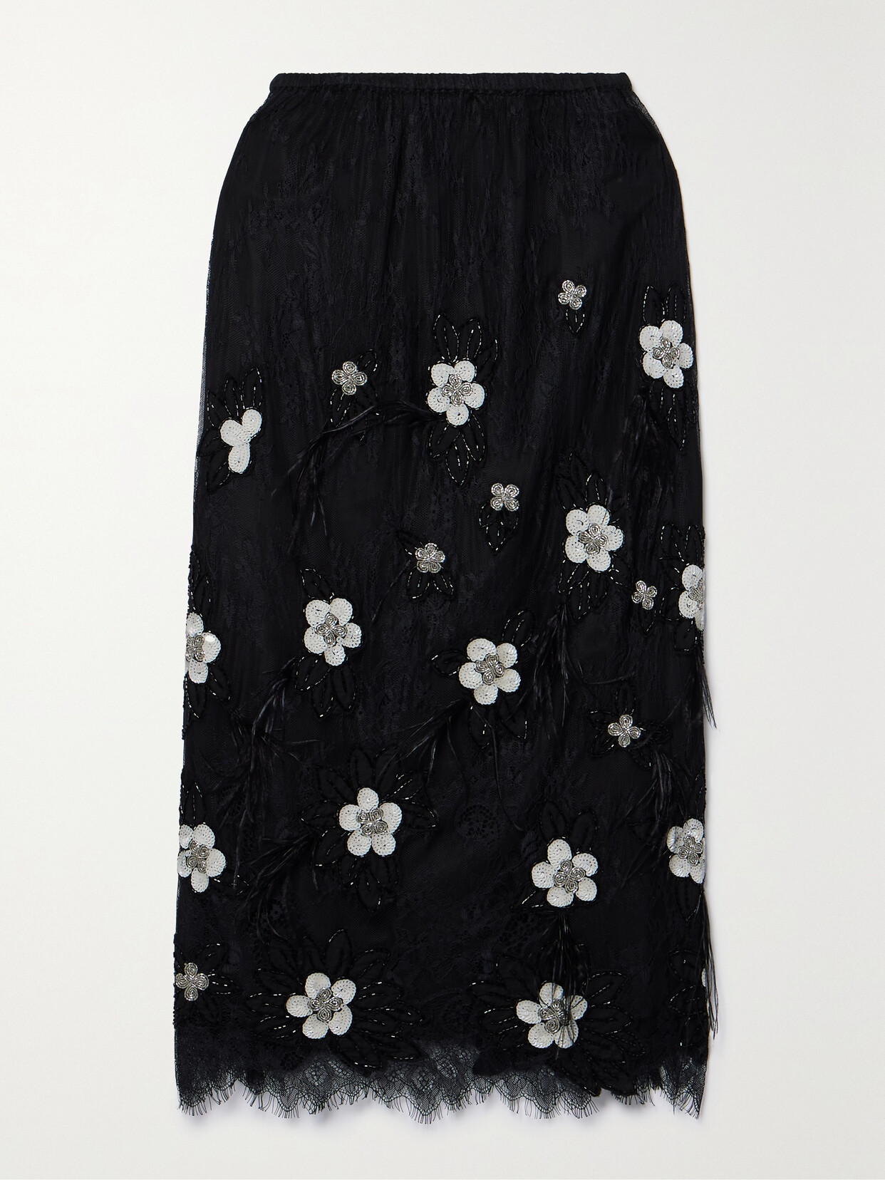 Sea Bethany Feather-trimmed Embellished Lace Midi Skirt - Black