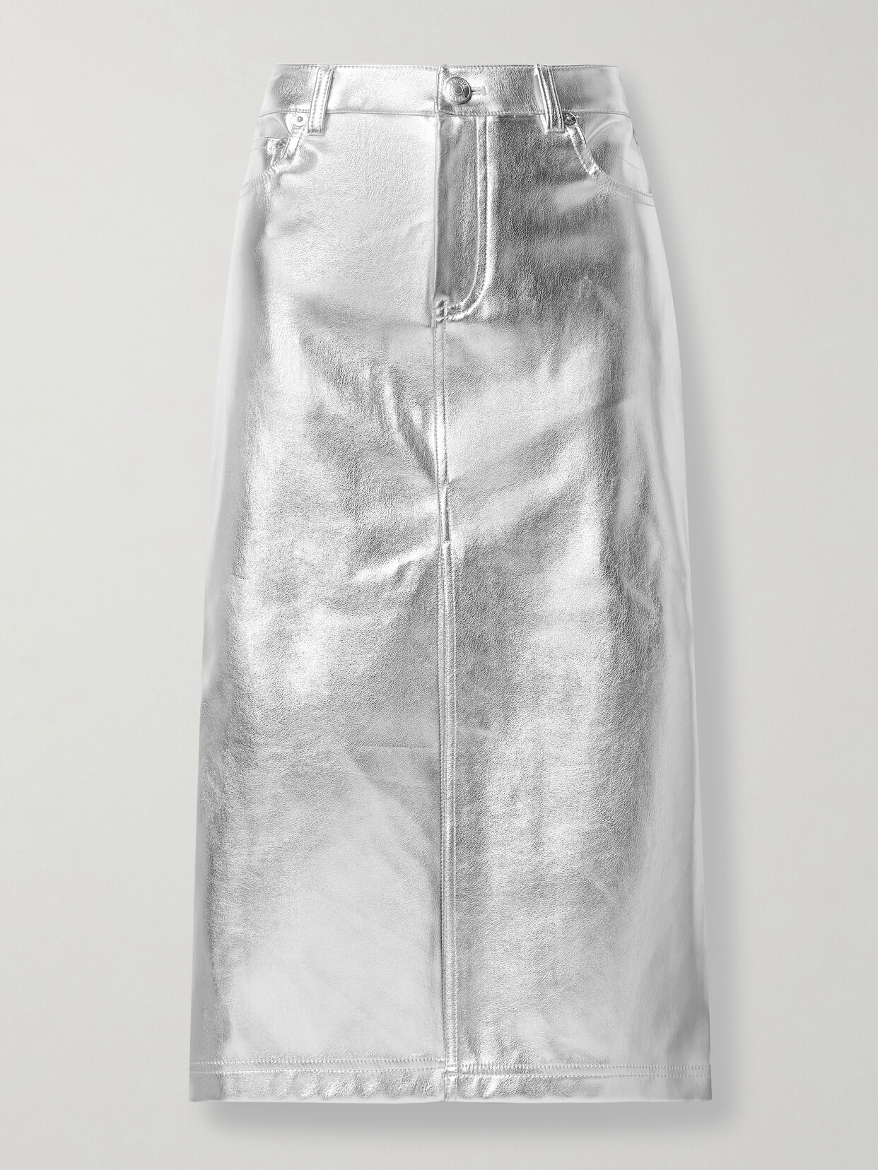 Staud Oaklyn Metallic Denim-style Midi Skirt In Silver