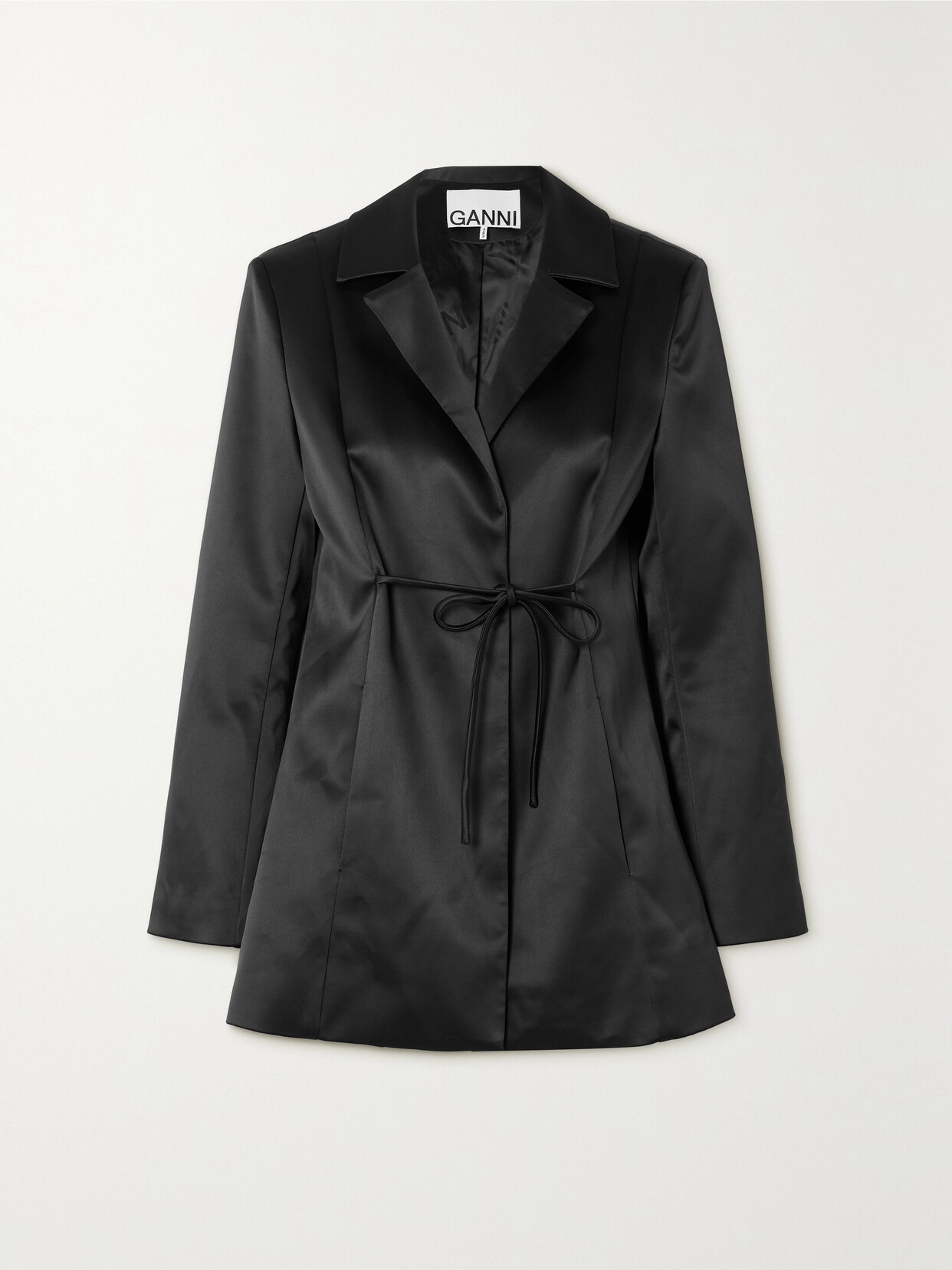 Shop Ganni + Net Sustain Tie-detailed Recycled-satin Blazer In Black