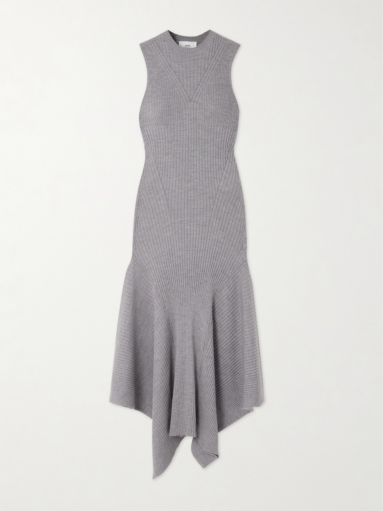 AMI PARIS + Net Sustain Godet Ribbed Merino Wool Maxi Dress - Gray