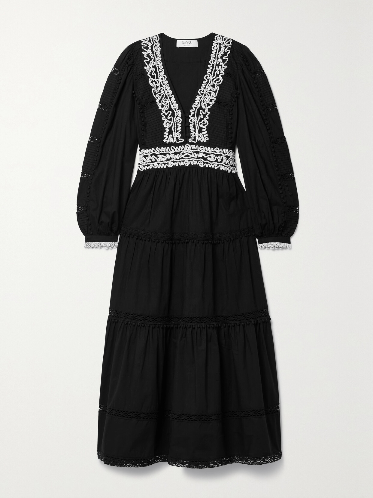 Sea Cordera Appliquéd Crochet-trimmed Cotton-poplin Midi Dress In Black