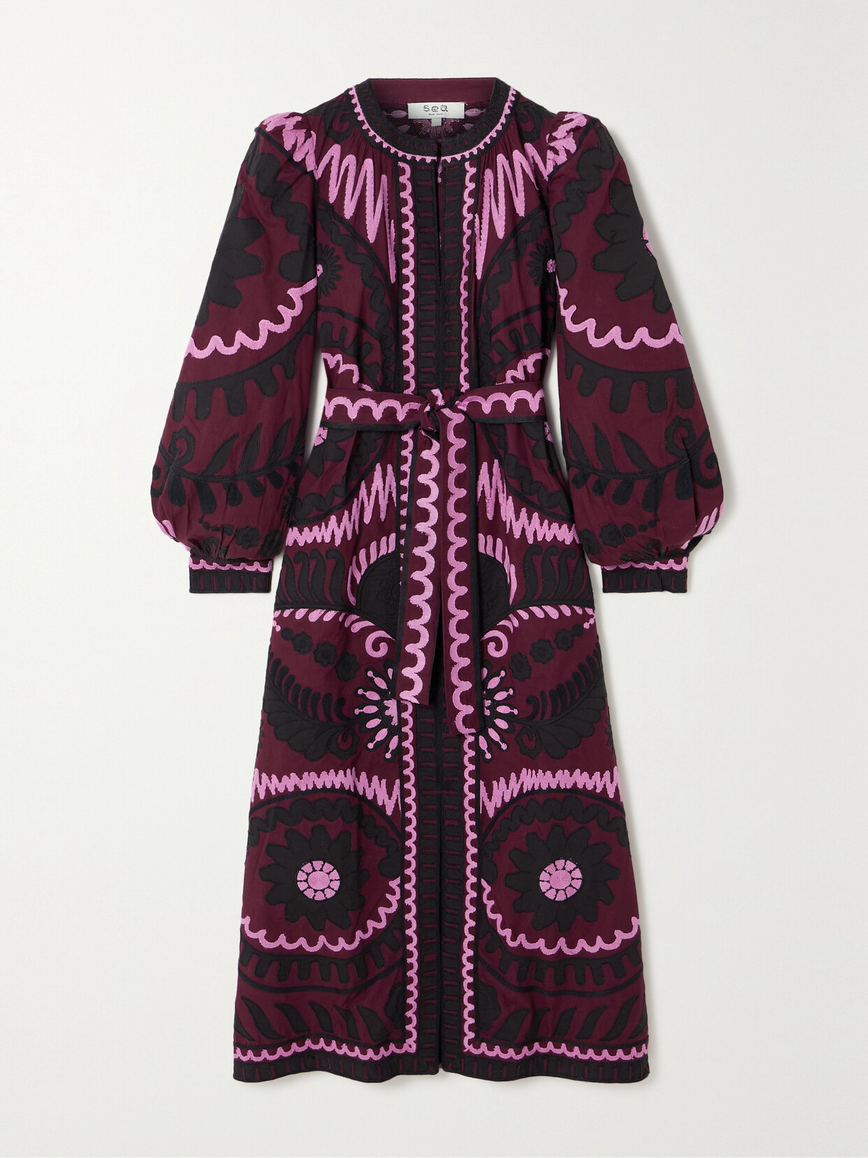 Sea Charlough Belted Embroidered Appliquéd Cotton-voile Midi Dress - Purple
