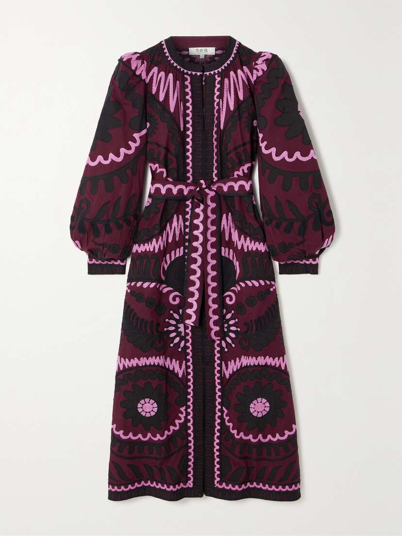 Sea Charlough Belted Embroidered Appliquéd Cotton-voile Midi Dress