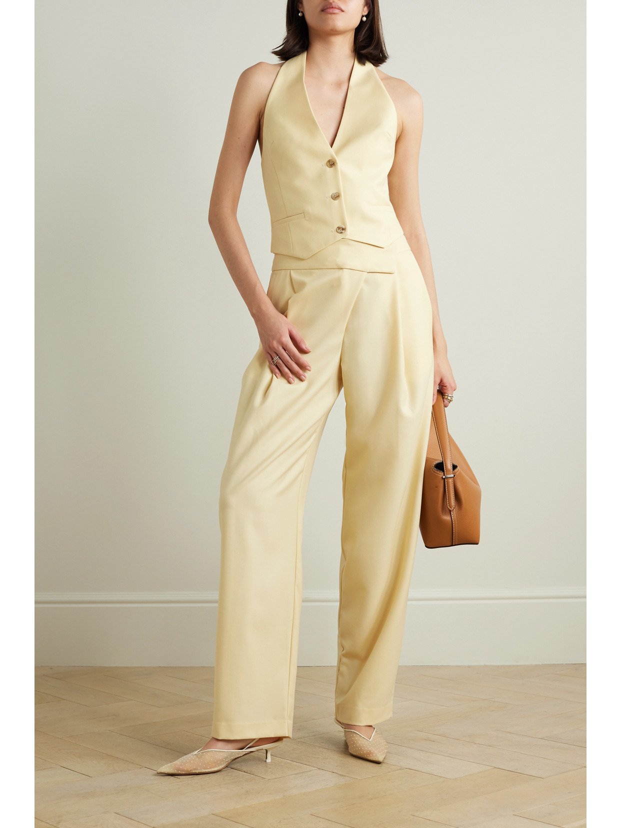 Shop Esse Studios Delphi Satin And Wool-blend Twill Halterneck Vest In Cream