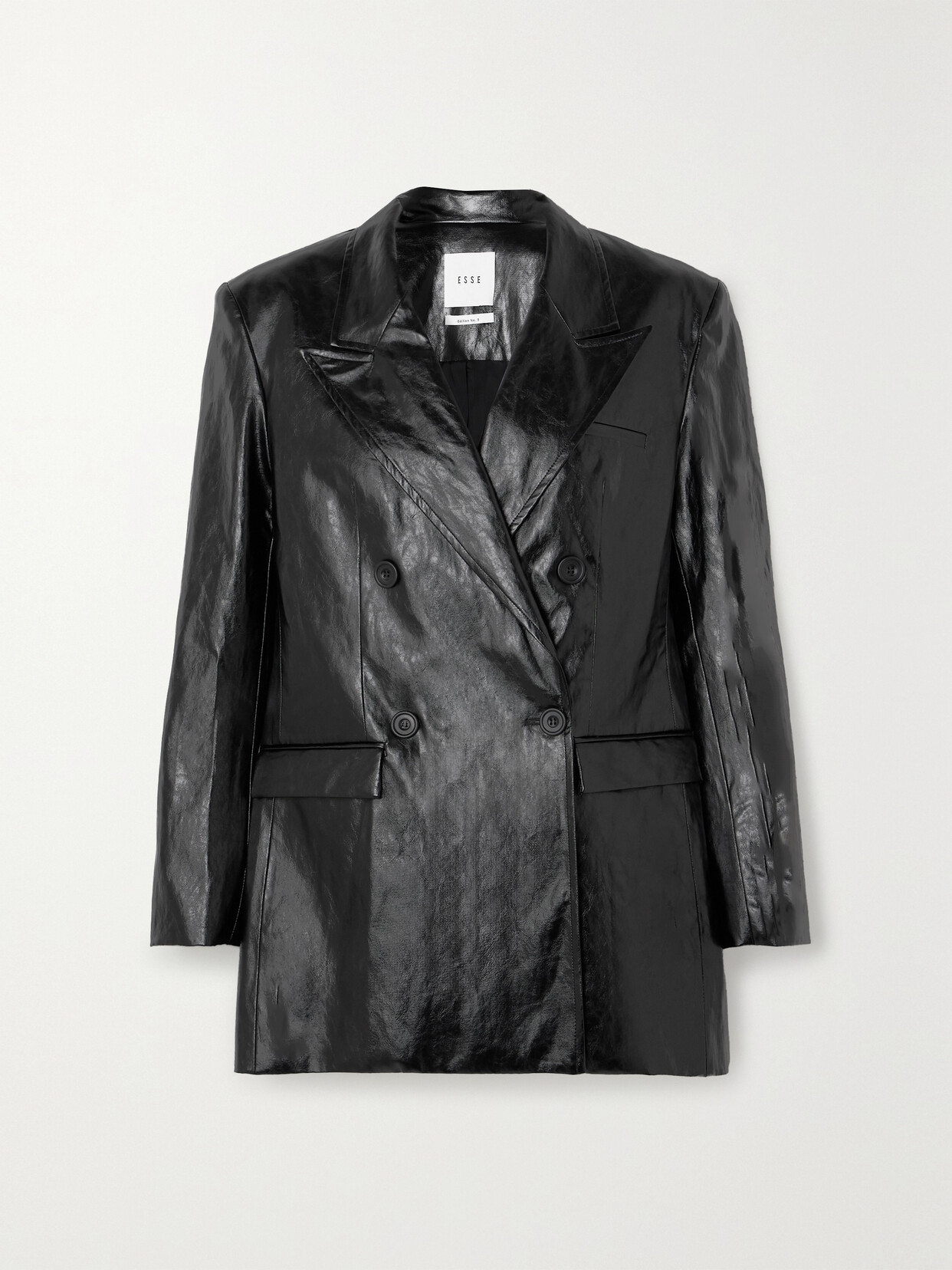 Shop Esse Studios Milos Double-breasted Crinkled Faux Leather Blazer In Black