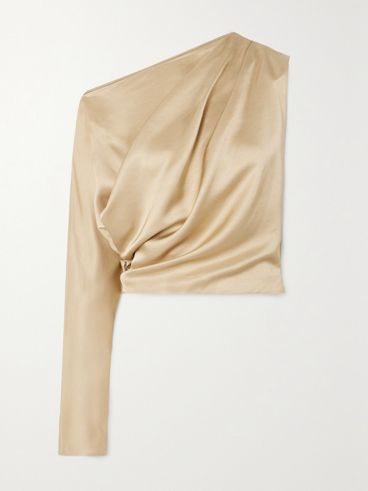 Esse Studios Gilded Cascade Cropped One-shoulder Draped Satin Top In Gold