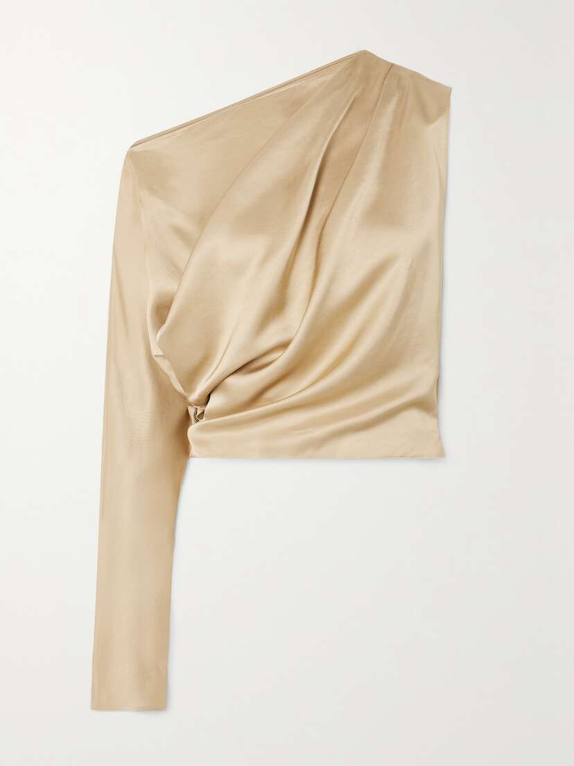 ESSE Studios Gilded Cascade Cropped One-shoulder Draped Satin Top