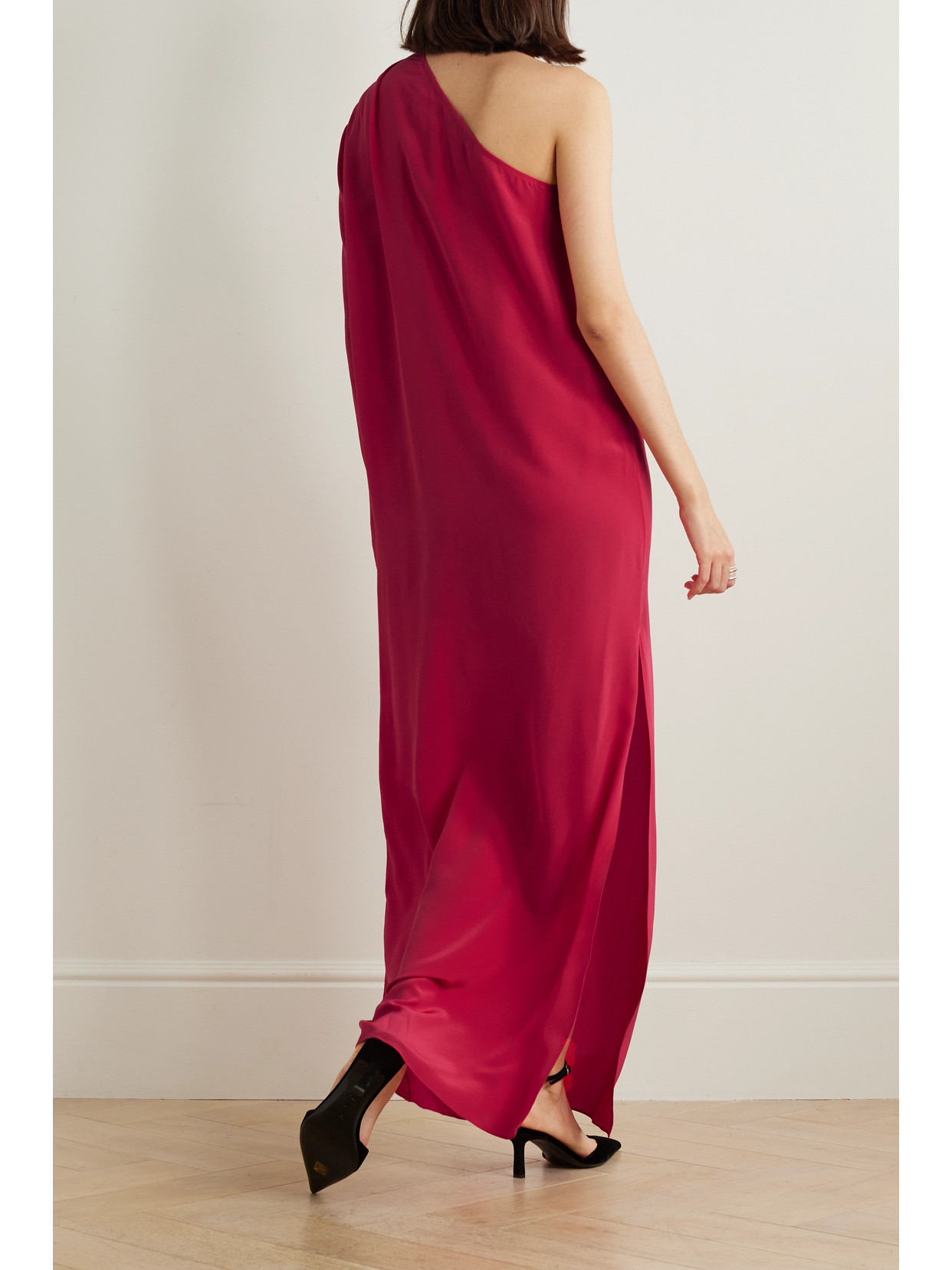 Shop Esse Studios Classico One-sleeve Tie-neck Silk Crepe De Chine Maxi Dress In Red