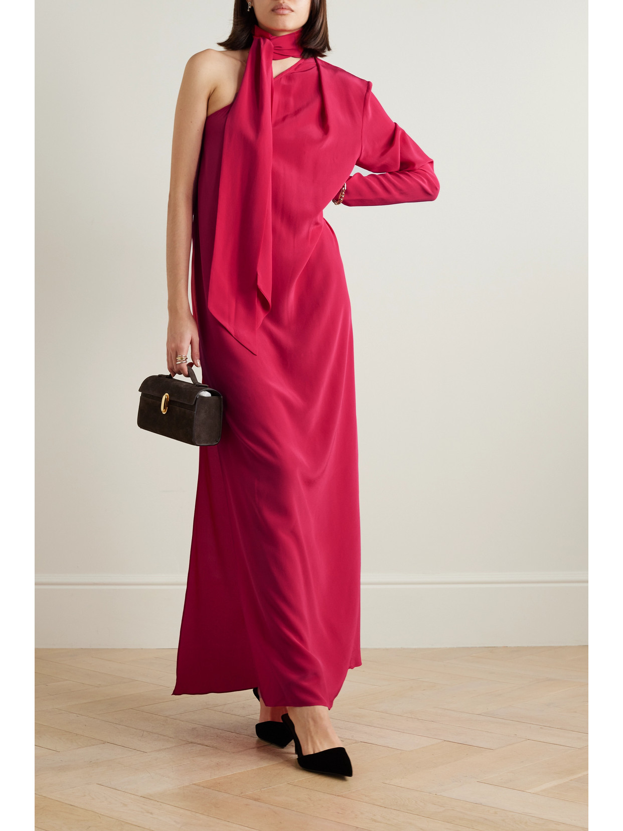 Shop Esse Studios Classico One-sleeve Tie-neck Silk Crepe De Chine Maxi Dress In Red