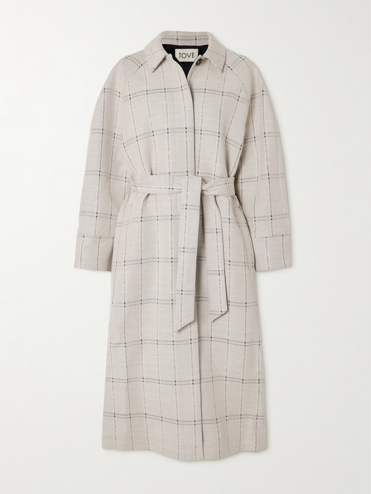 Shop Tove Kemi Belted Checked Linen-blend Coat In Ivory