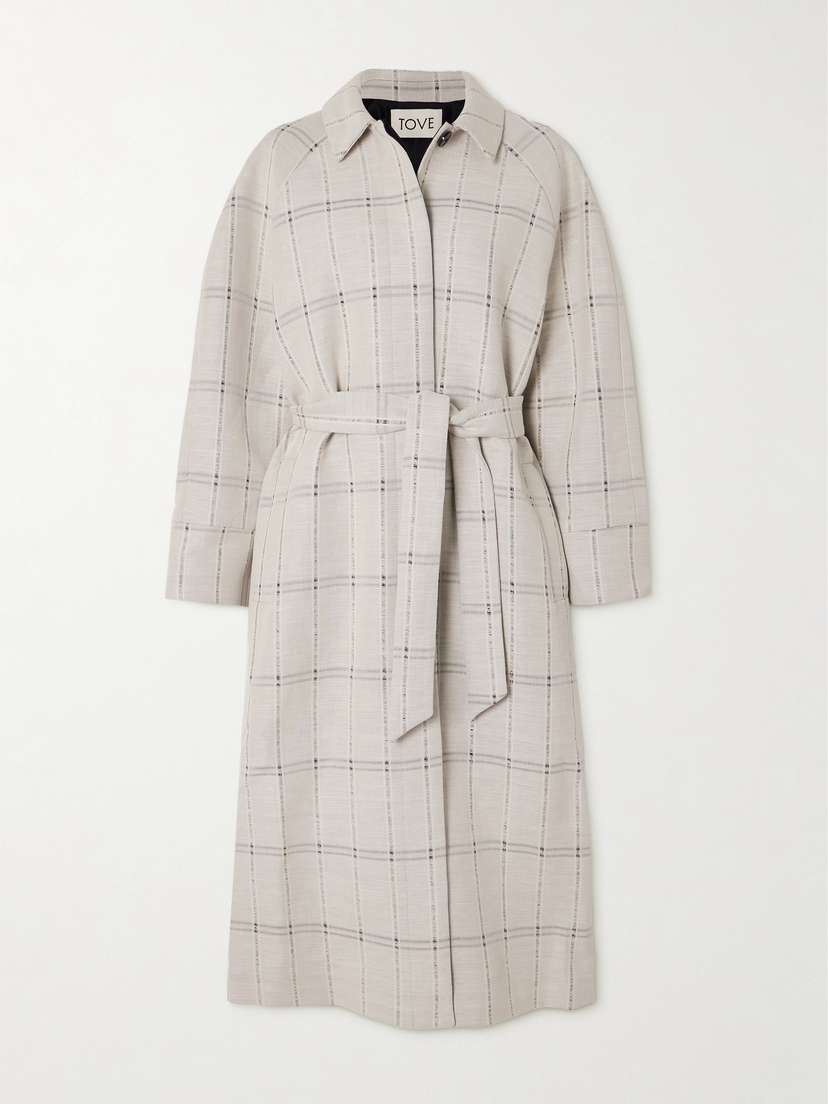 Tove Kemi Belted Checked Linen-blend Coat