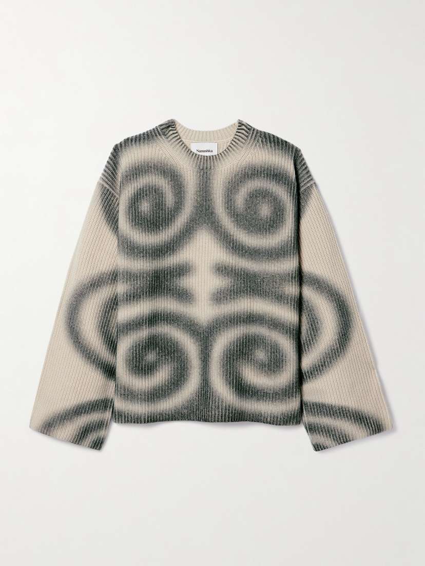 Nanushka Maura Printed Ribbed Wool And Cashmere-blend Sweater