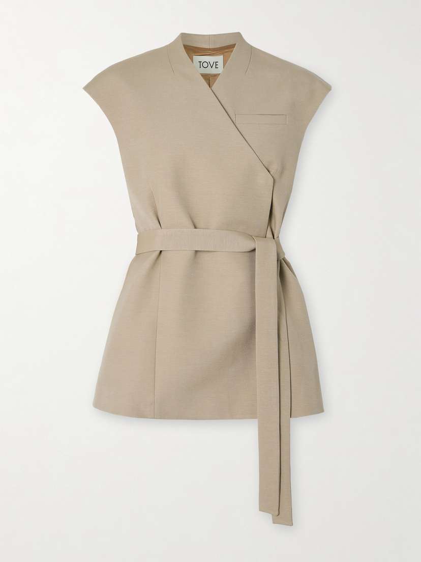 Tove Bonnie Belted Cotton-blend Wrap-effect Vest