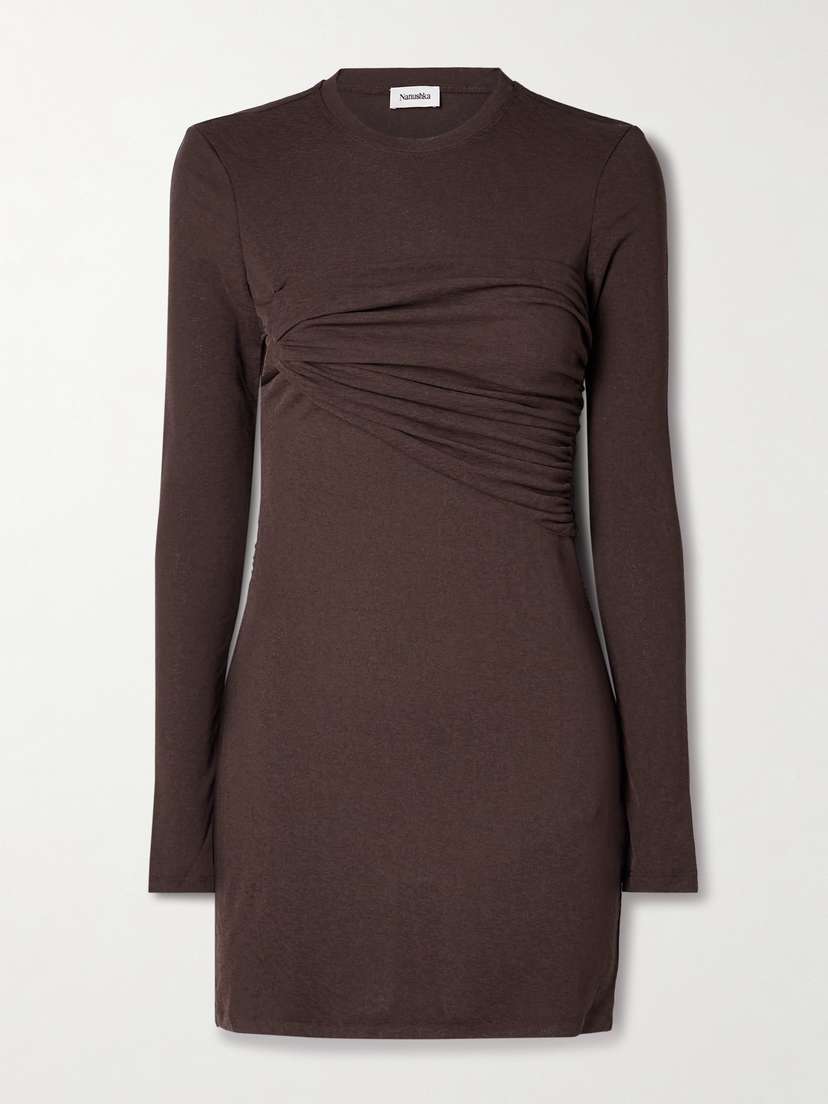 Nanushka + Net Sustain Feiko Ruched Faux Leather-trimmed Recycled-jersey Mini Dress