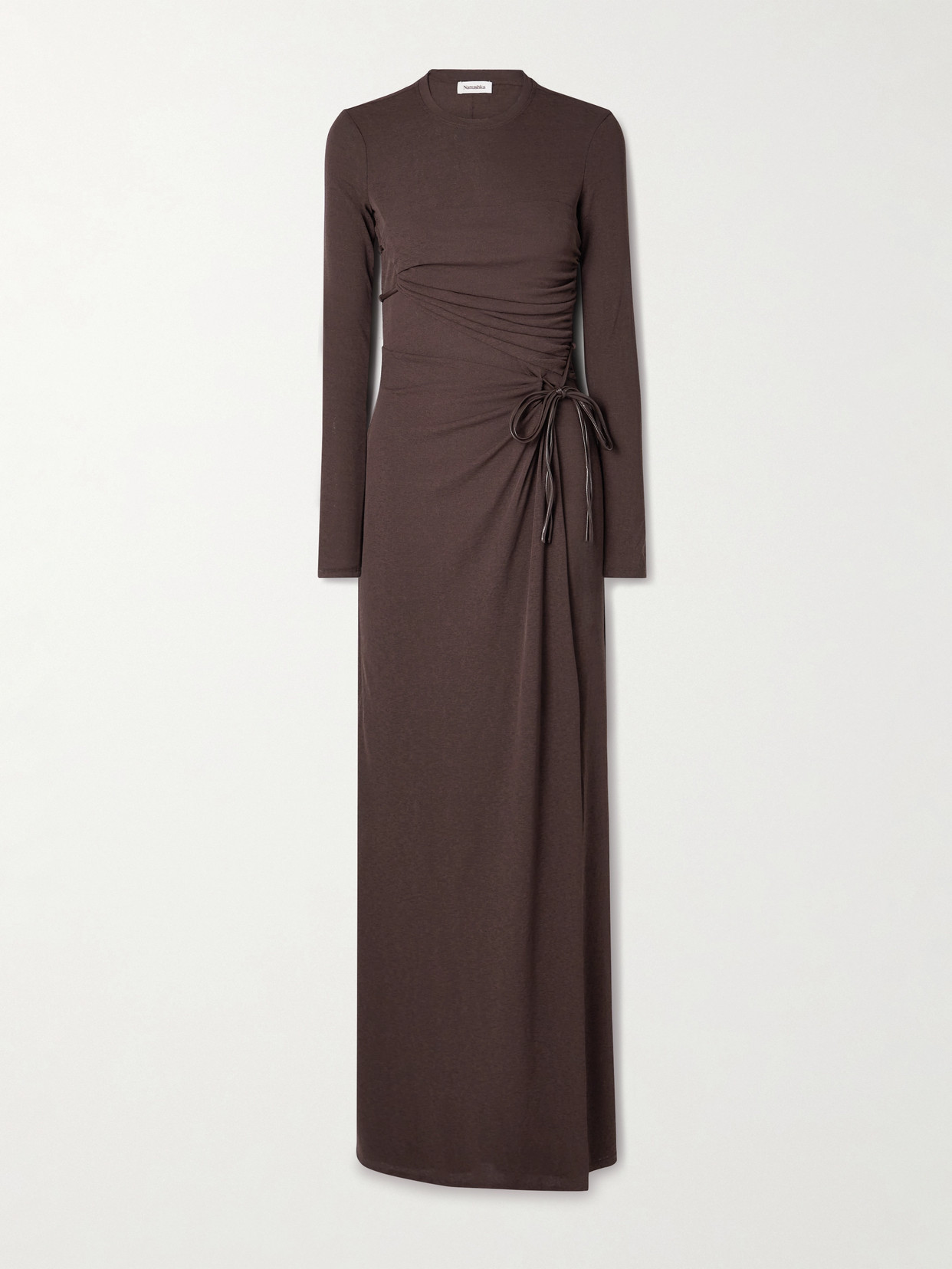 Nanushka + Net Sustain Marghe Wrap-effect Faux Leather-trimmed Stretch Reycled-jersey Maxi Dress In Brown