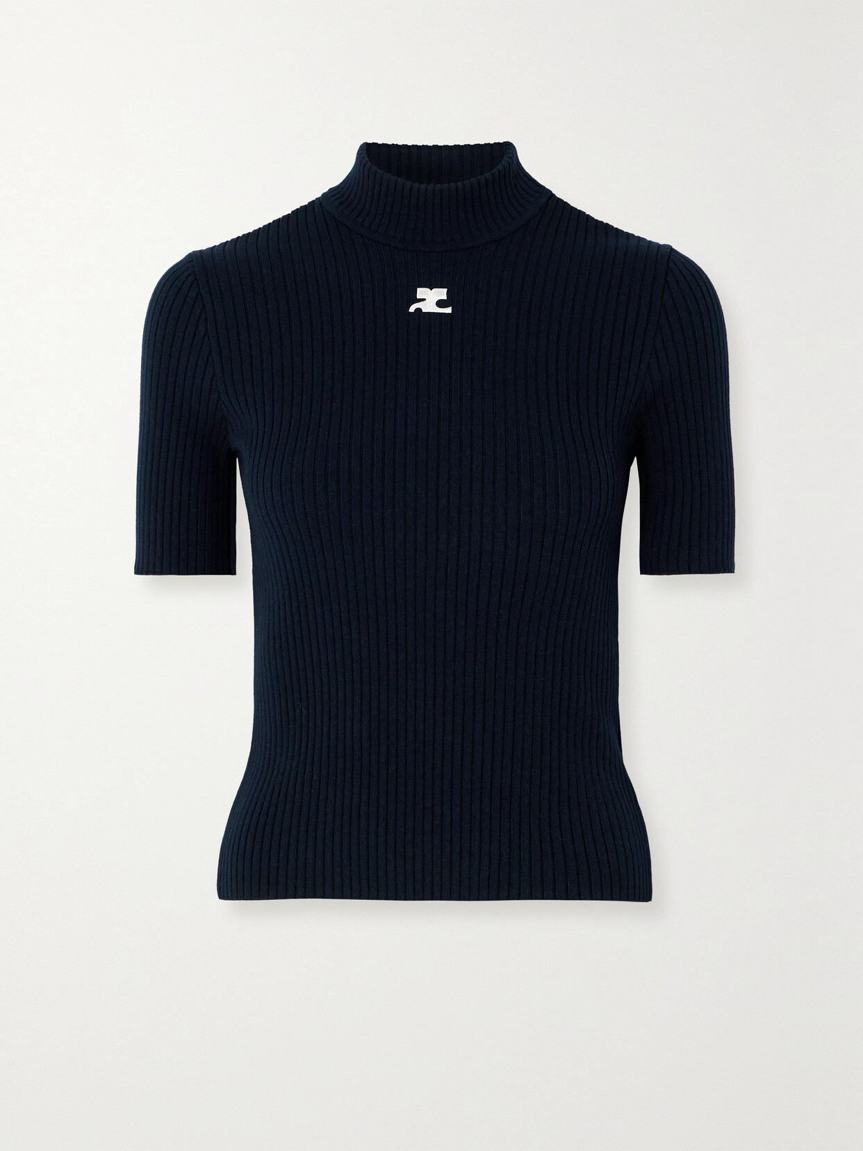 Shop Courrèges Embroidered Ribbed-knit Top In Blue