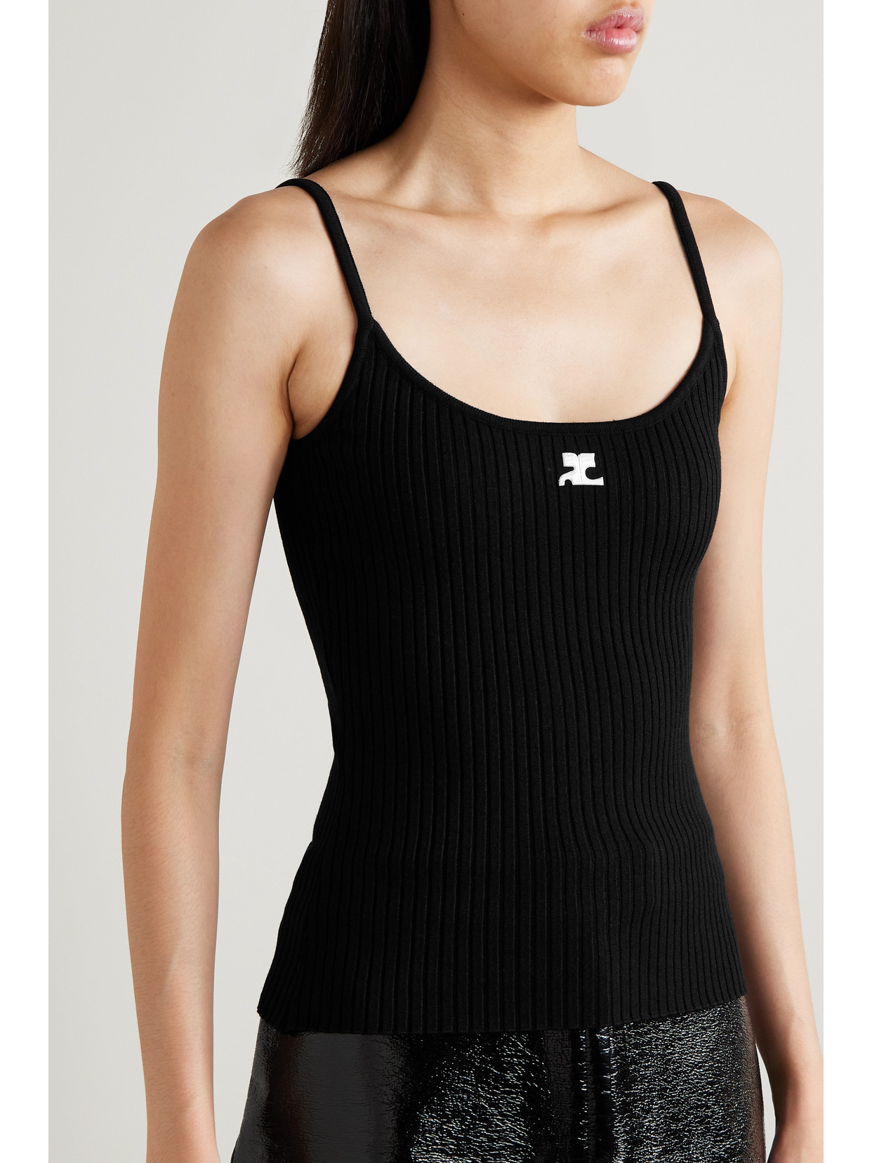 Courrèges Ribbed Spaghetti Strap Top With Elegant Logo Detail And Luxurious Fabric Blend In Black