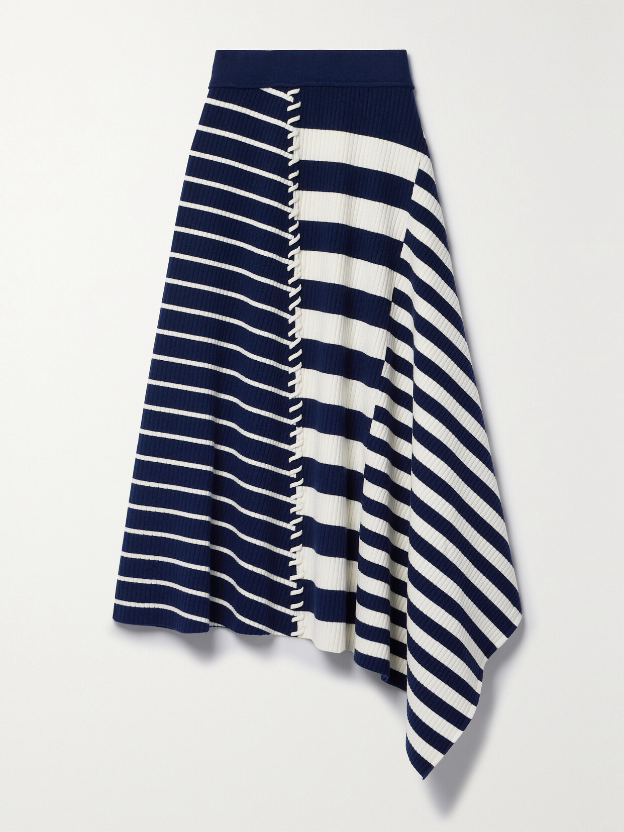 Simkhai Braylon Asymmetric Ribbed Striped Merino Wool Midi Skirt In Blue