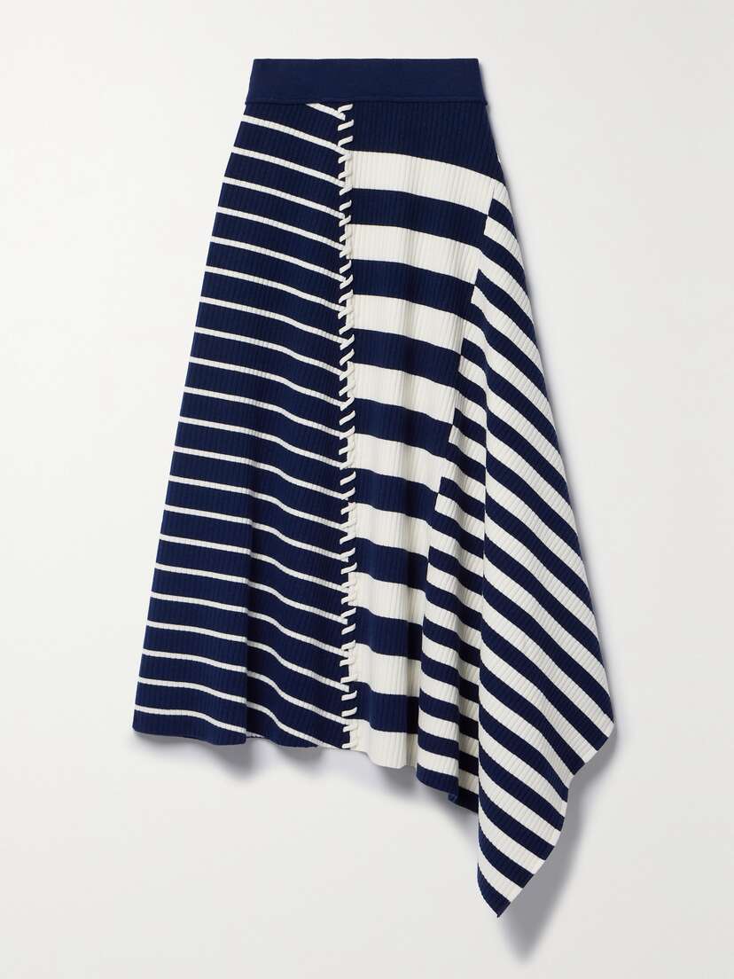 Simkhai Braylon Asymmetric Ribbed Striped Merino Wool Midi Skirt