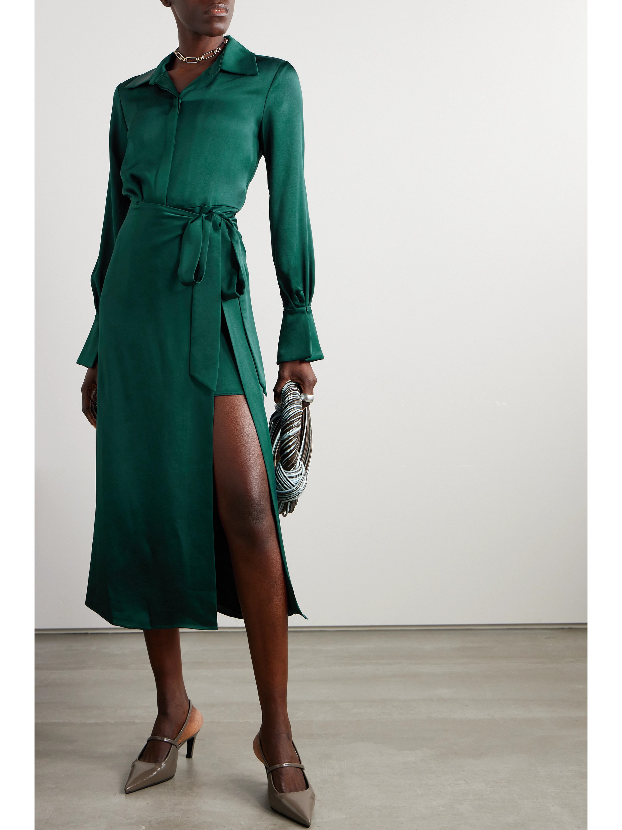 SIMKHAI Samba wrap-effect satin midi shirt dress