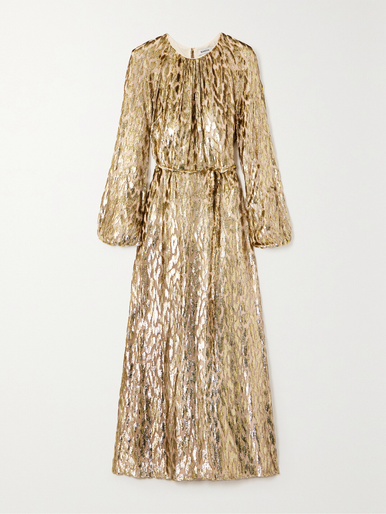 Simkhai Odina Belted Metallic Fil Coupé Silk Maxi Dress In Gold