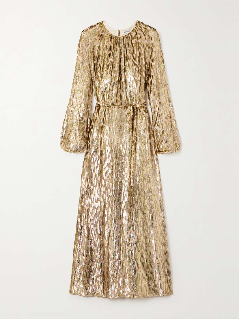 Simkhai Odina Belted Metallic Fil Coupé Silk Maxi Dress