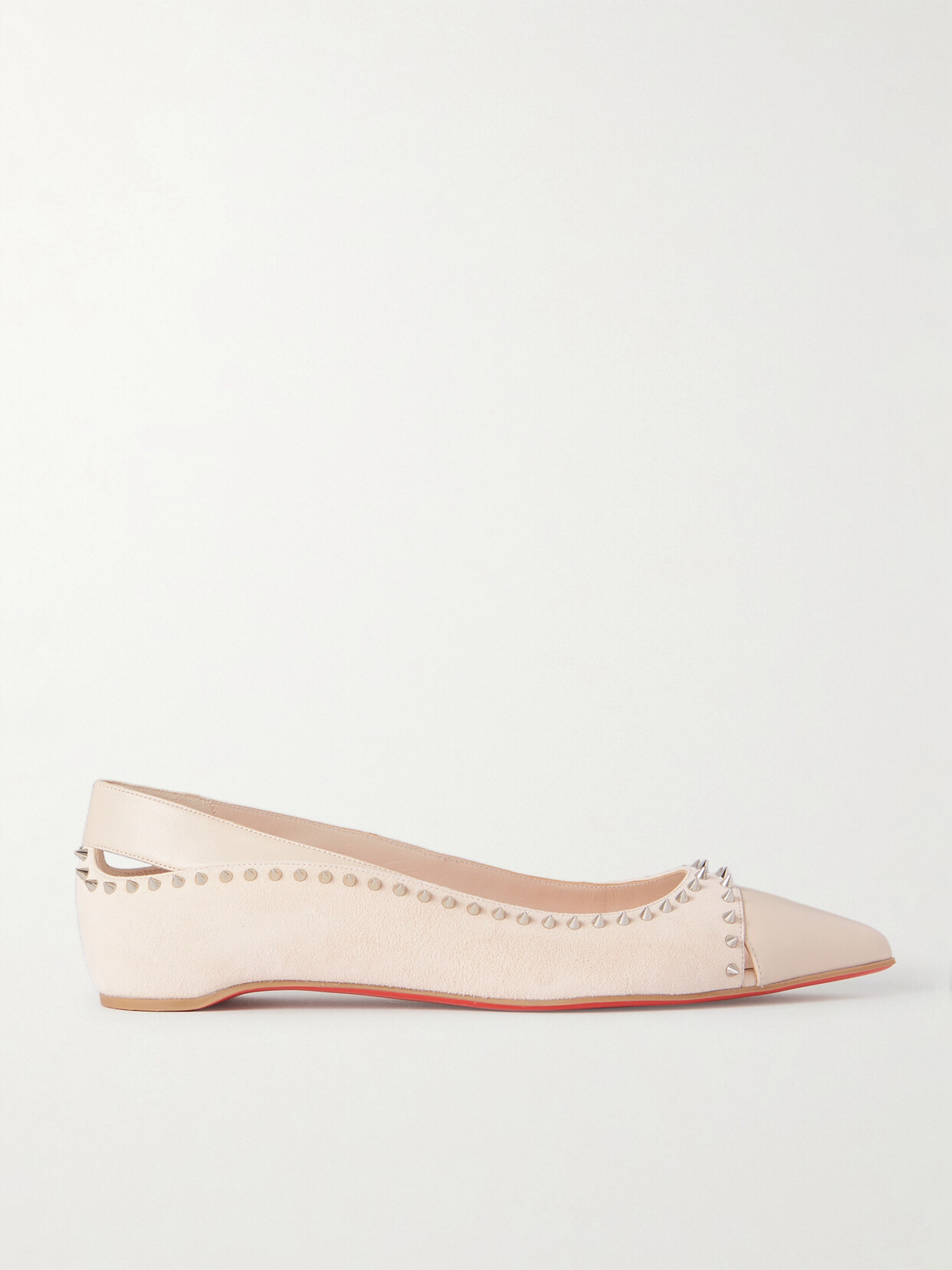 Christian Louboutin Duvettina Leather Spike Red Sole Ballerina Flats In Cream