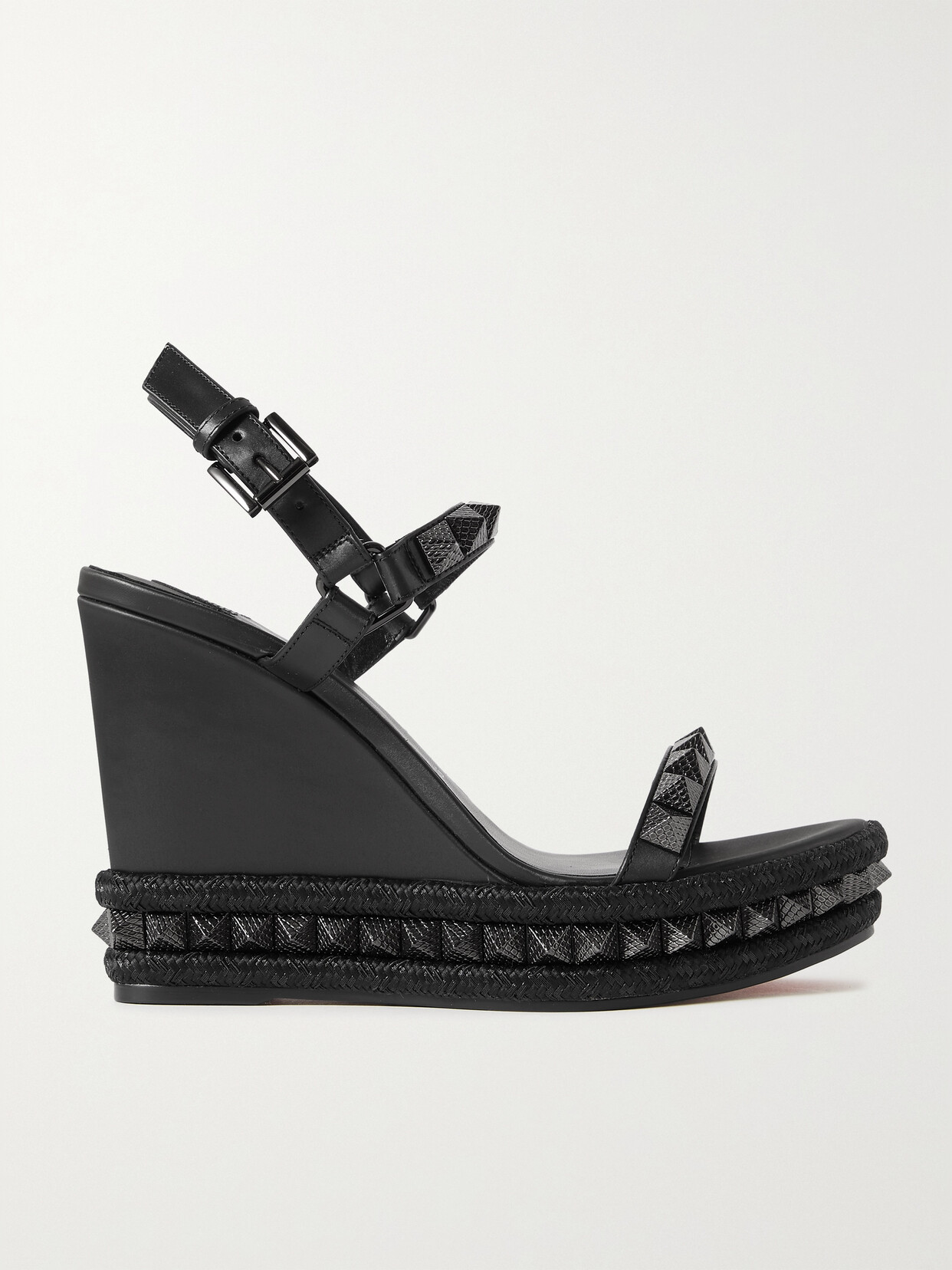 Christian Louboutin Pyraclou 110 Studded Velvet And Leather Wedge Sandals In Black