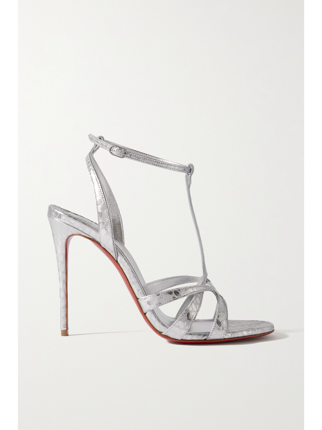 Shop Christian Louboutin Tangueva Alta 100 Metallic Snake-effect Leather Sandals In Silver