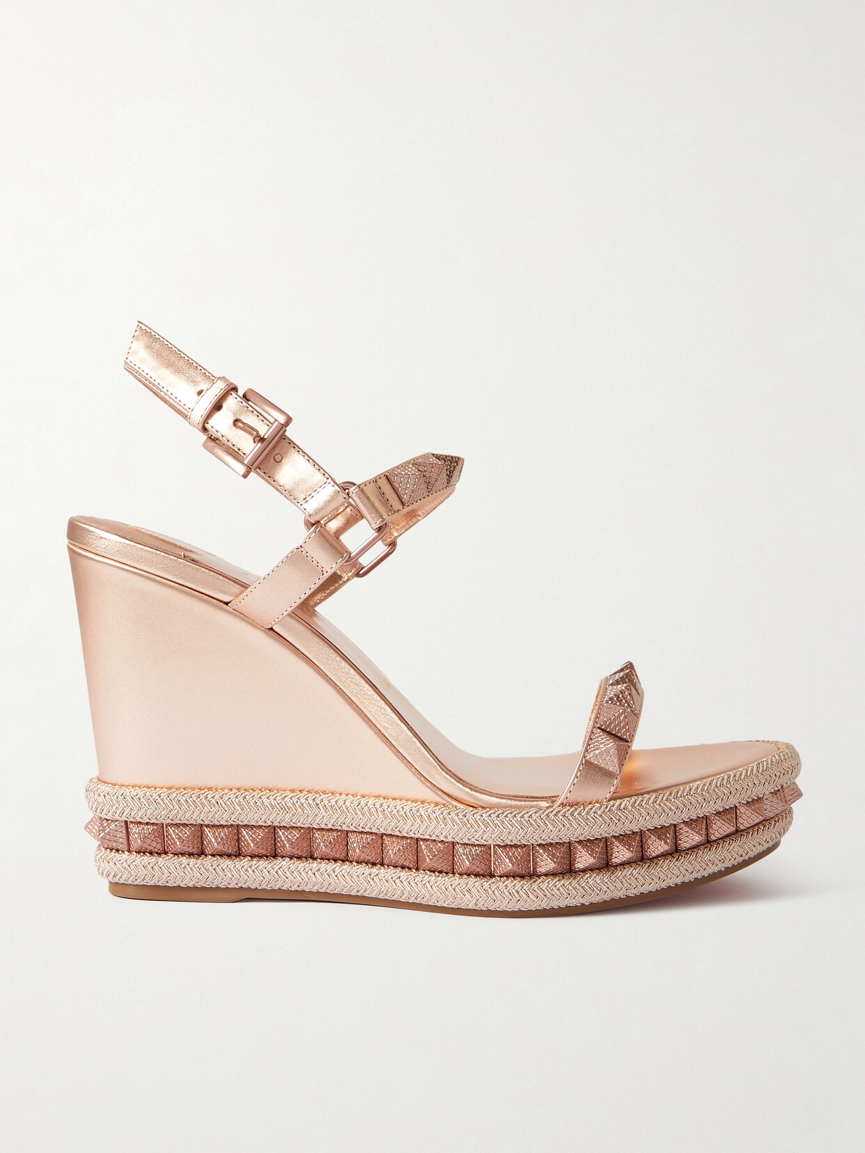 Christian Louboutin - Pyraclou 110 Studded Metallic Leather Wedge Sandals - Pink