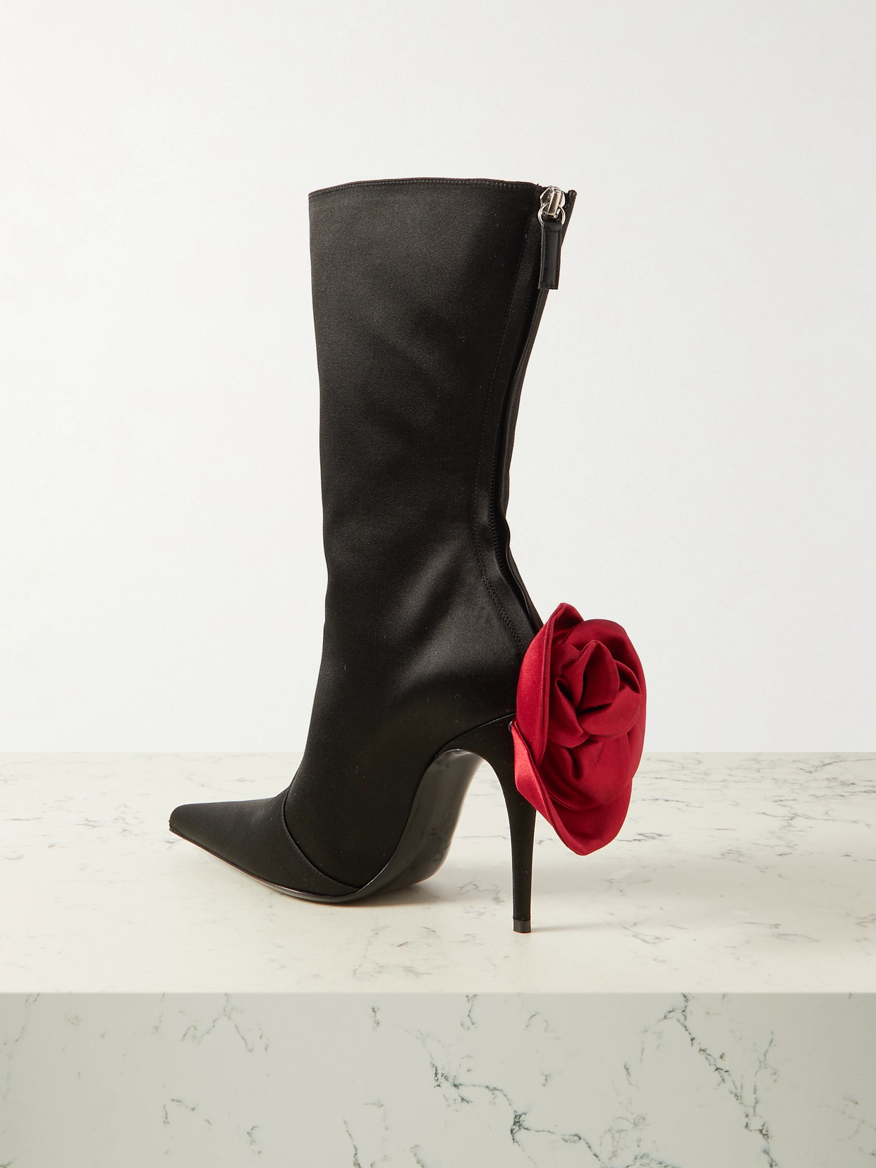 Shop Magda Butrym Appliquéd Satin Point-toe Boots In Black