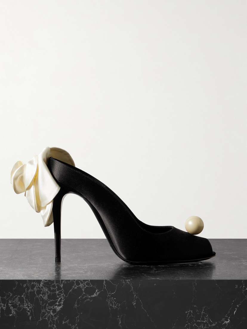 Magda Butrym Faux Pearl-embellished Silk-appliquéd Satin Mules