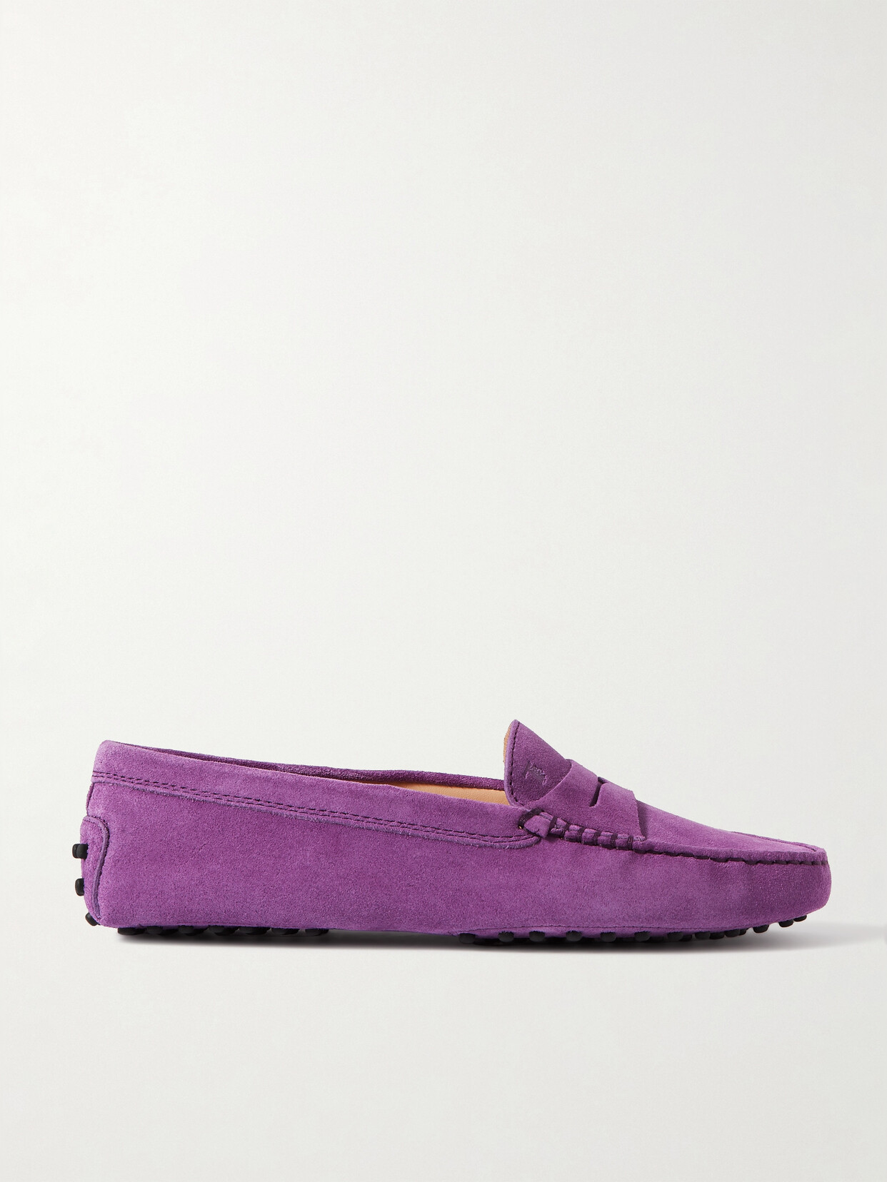 Tod's Round Toe Suede Loafers With Penny Strap In Purple