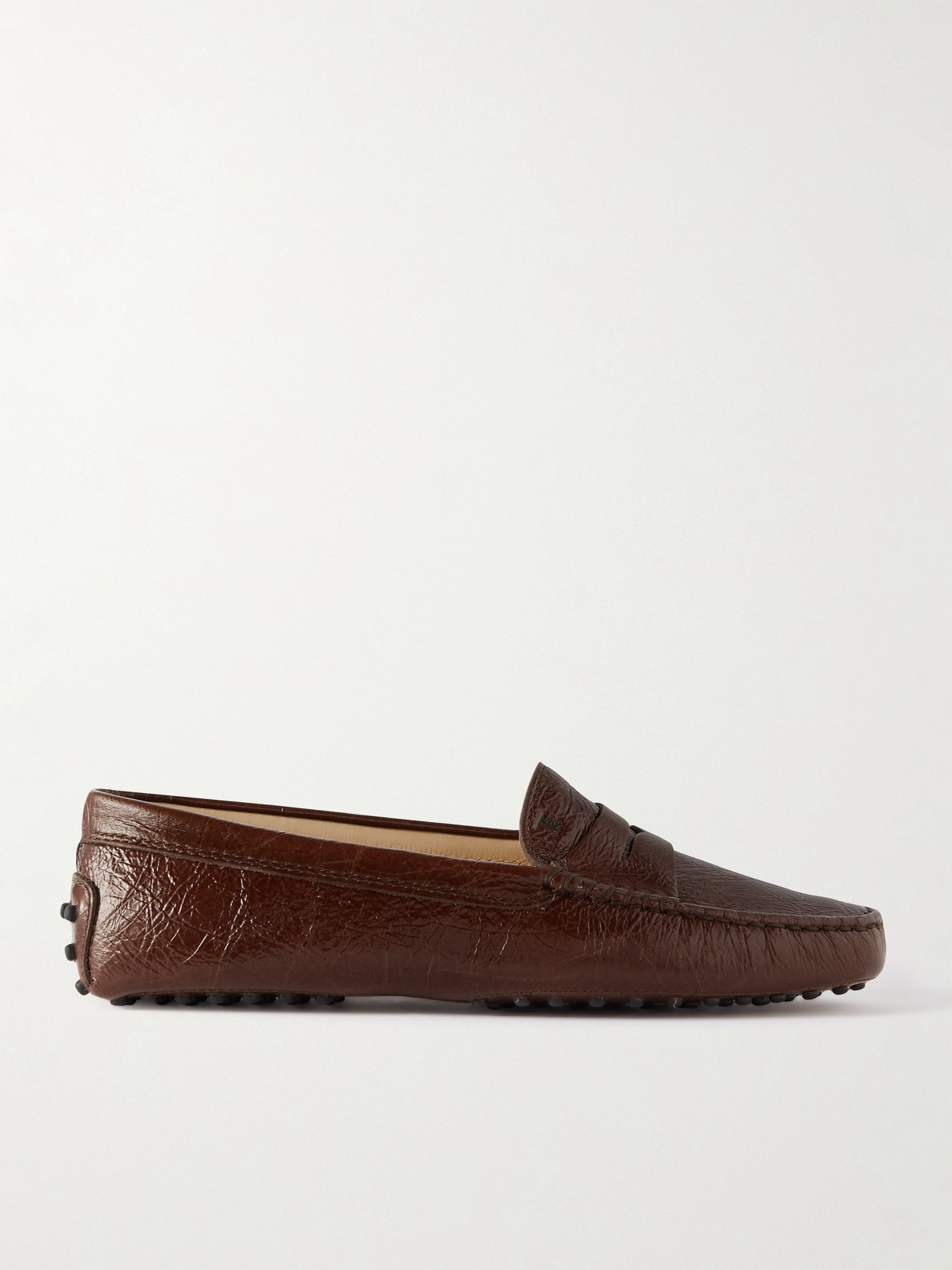 Tod's Gommino Crinkled Glossed-leather Loafers In Brown