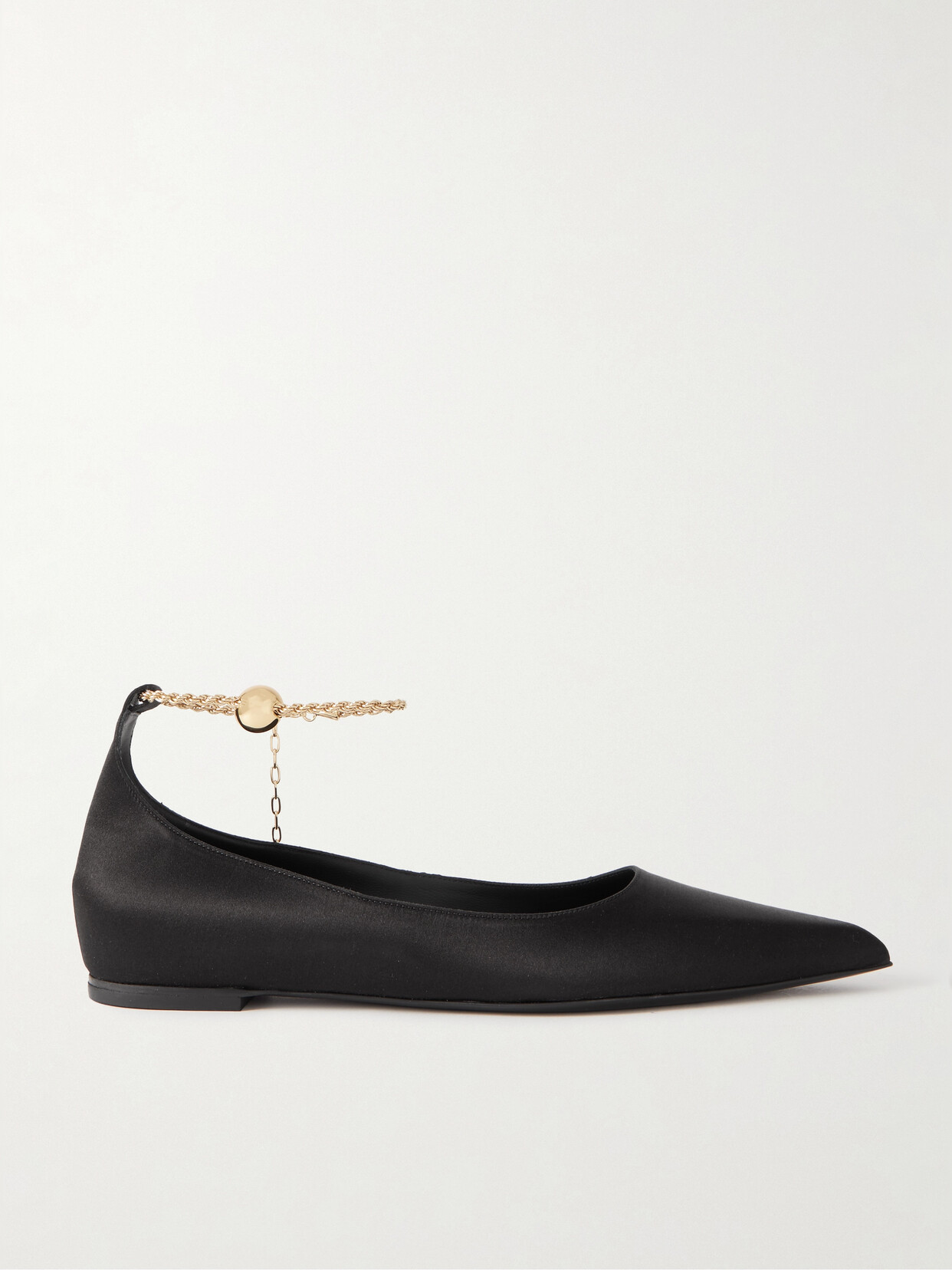 Shop Ferragamo Dada T Chain-embellished Satin Point-toe Flats In Black