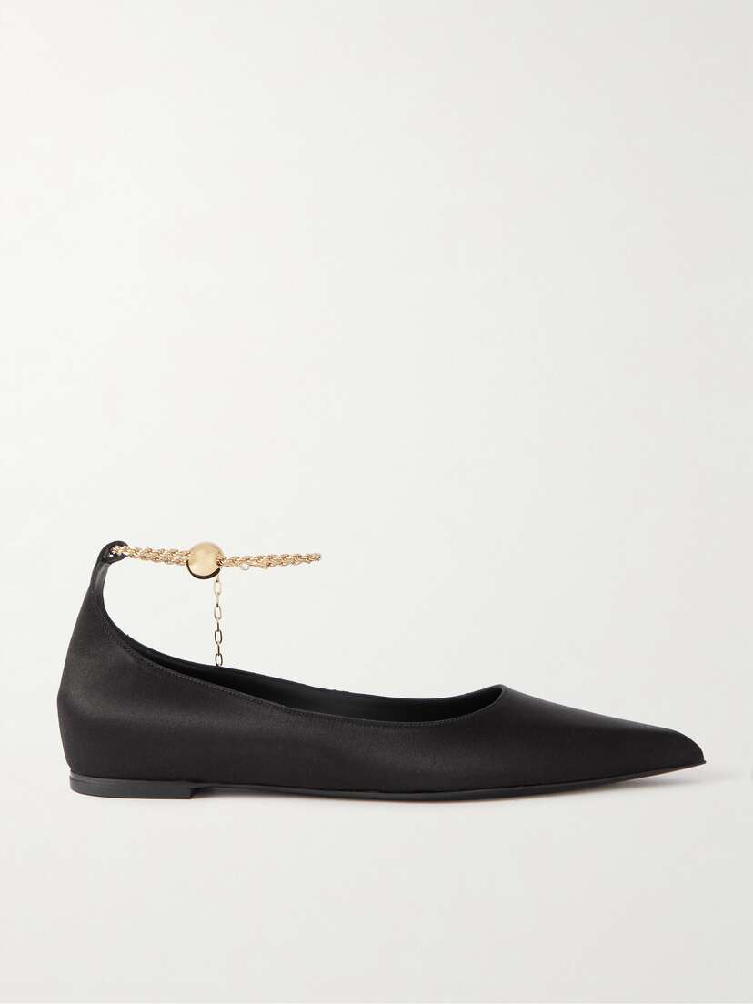 Ferragamo Dada T Chain-embellished Satin Point-toe Flats