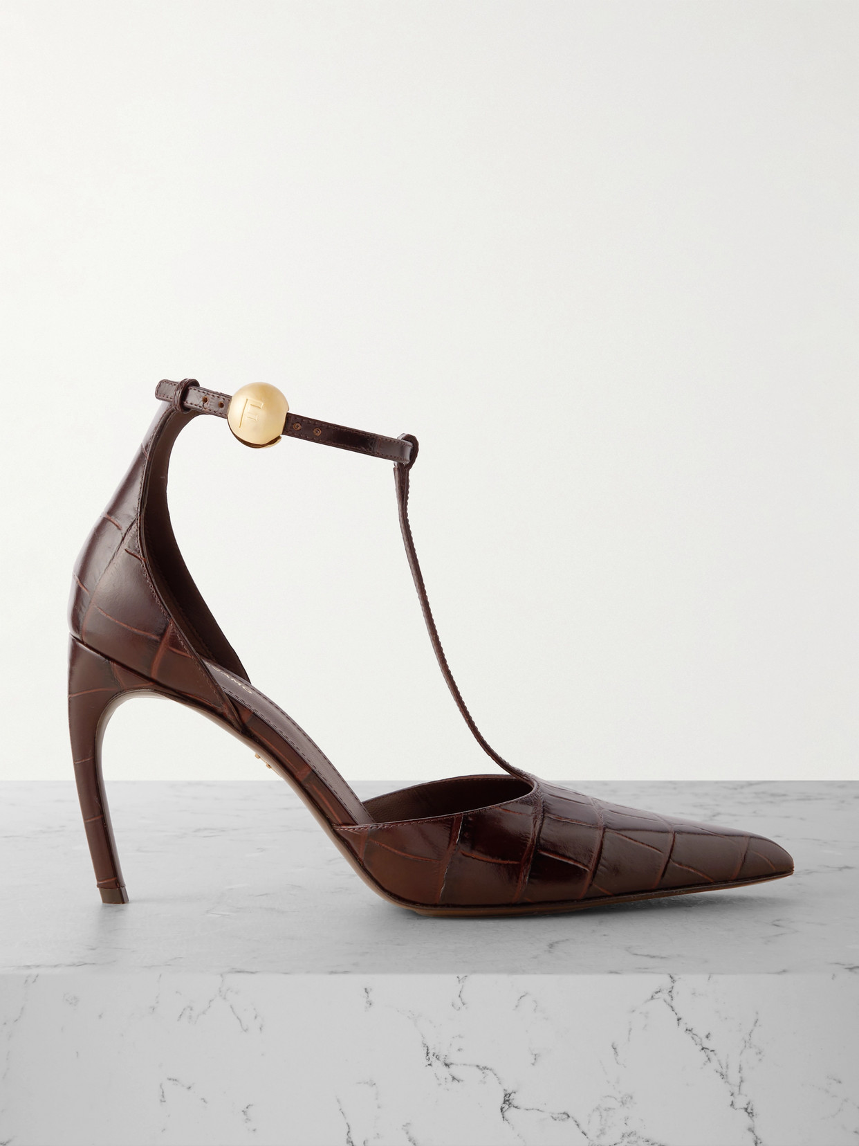 Ferragamo - Odette Embellished Croc-effect Leather Pumps - Brown