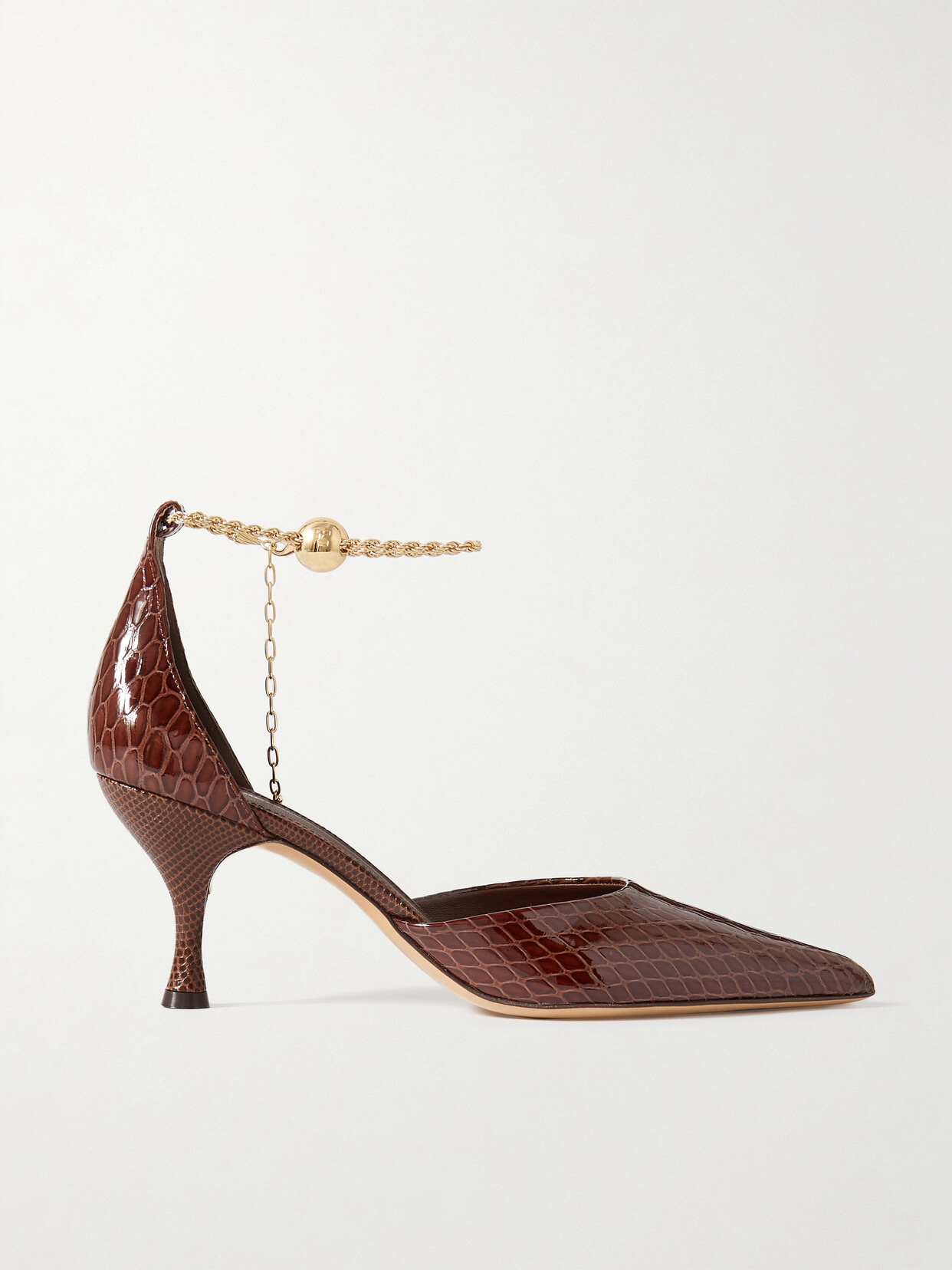 Ferragamo Dana Chain-embellished Croc-effect Leather Pumps In Brown