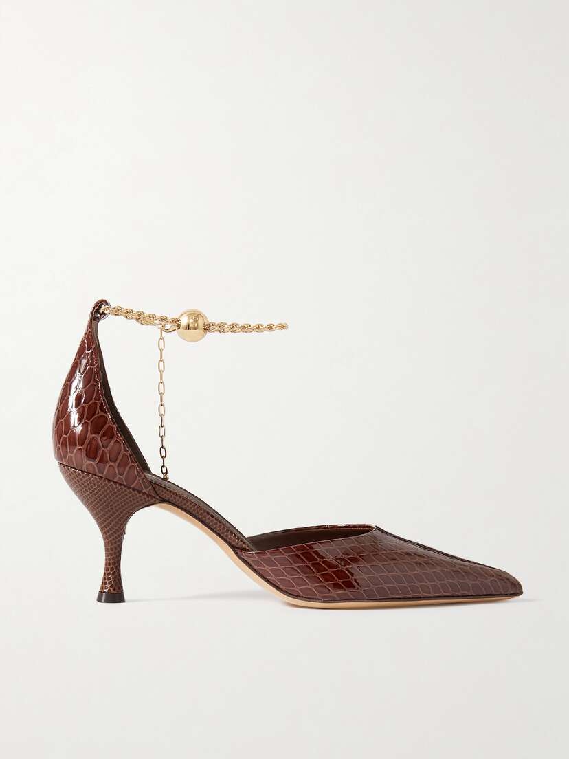Ferragamo Dana Chain-embellished Croc-effect Leather Pumps