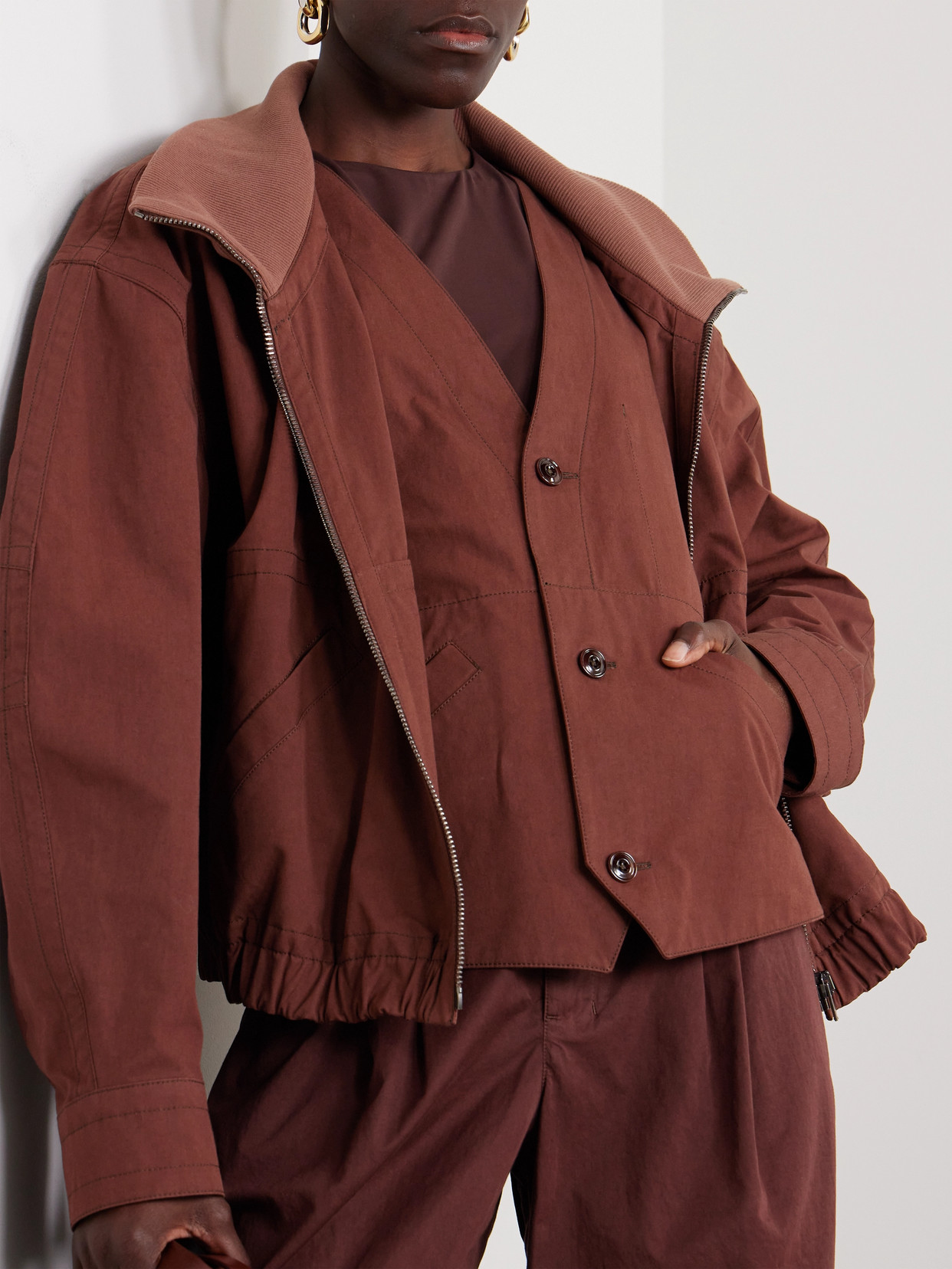 Shop Lemaire Oversized Layered Ribbed-knit And Washed Cotton-poplin Jacket In Brown