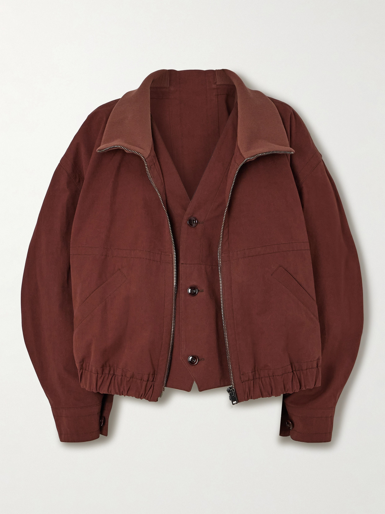 Shop Lemaire Oversized Layered Ribbed-knit And Washed Cotton-poplin Jacket In Brown