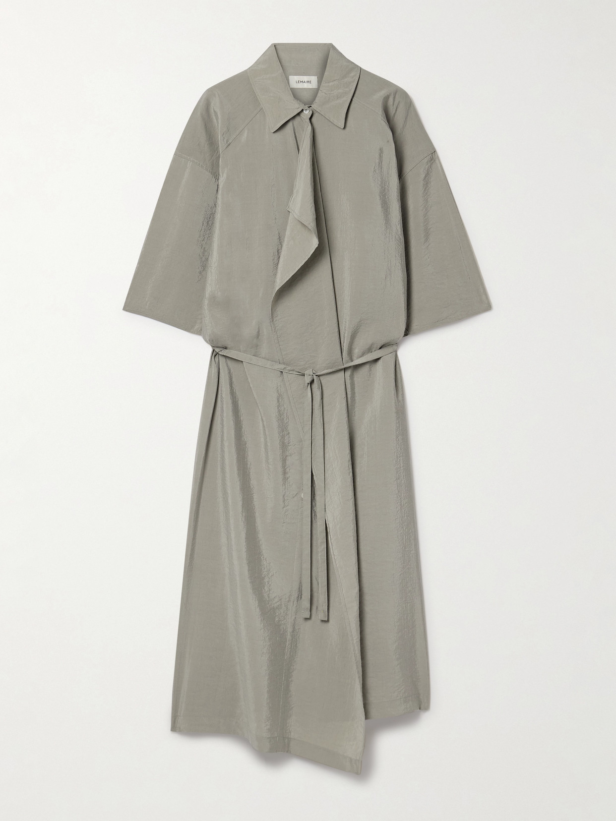 Lemaire Belted Wrap-effect Crinkled Silk-blend Shell Midi Shirt Dress In Green