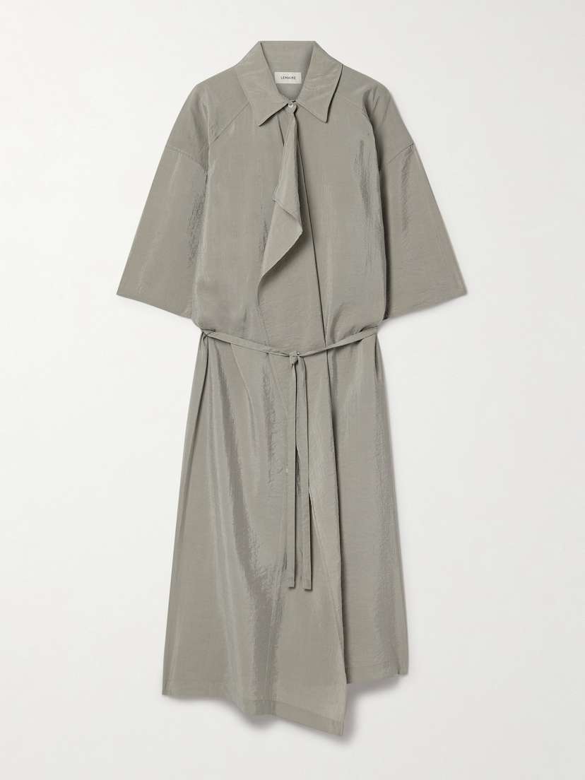Lemaire Belted Wrap-effect Crinkled Silk-blend Shell Midi Shirt Dress - FR 40