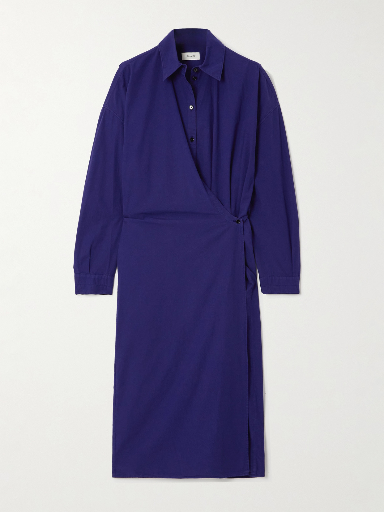 Lemaire Wrap-effect Draped Cotton-poplin Midi Shirt Dress In Blue