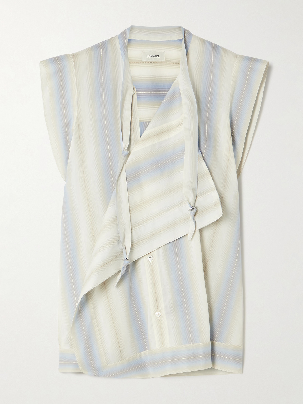 Lemaire Asymmetric Striped Cotton, Silk And Linen-blend Blouse In Blue