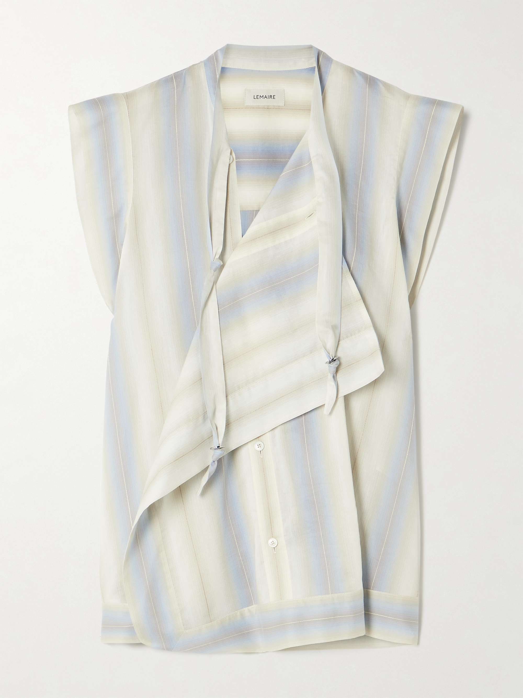 Blue Asymmetric striped cotton, silk and linen-blend blouse Blue Asymmetric striped cotton, silk and linen-blend blouse